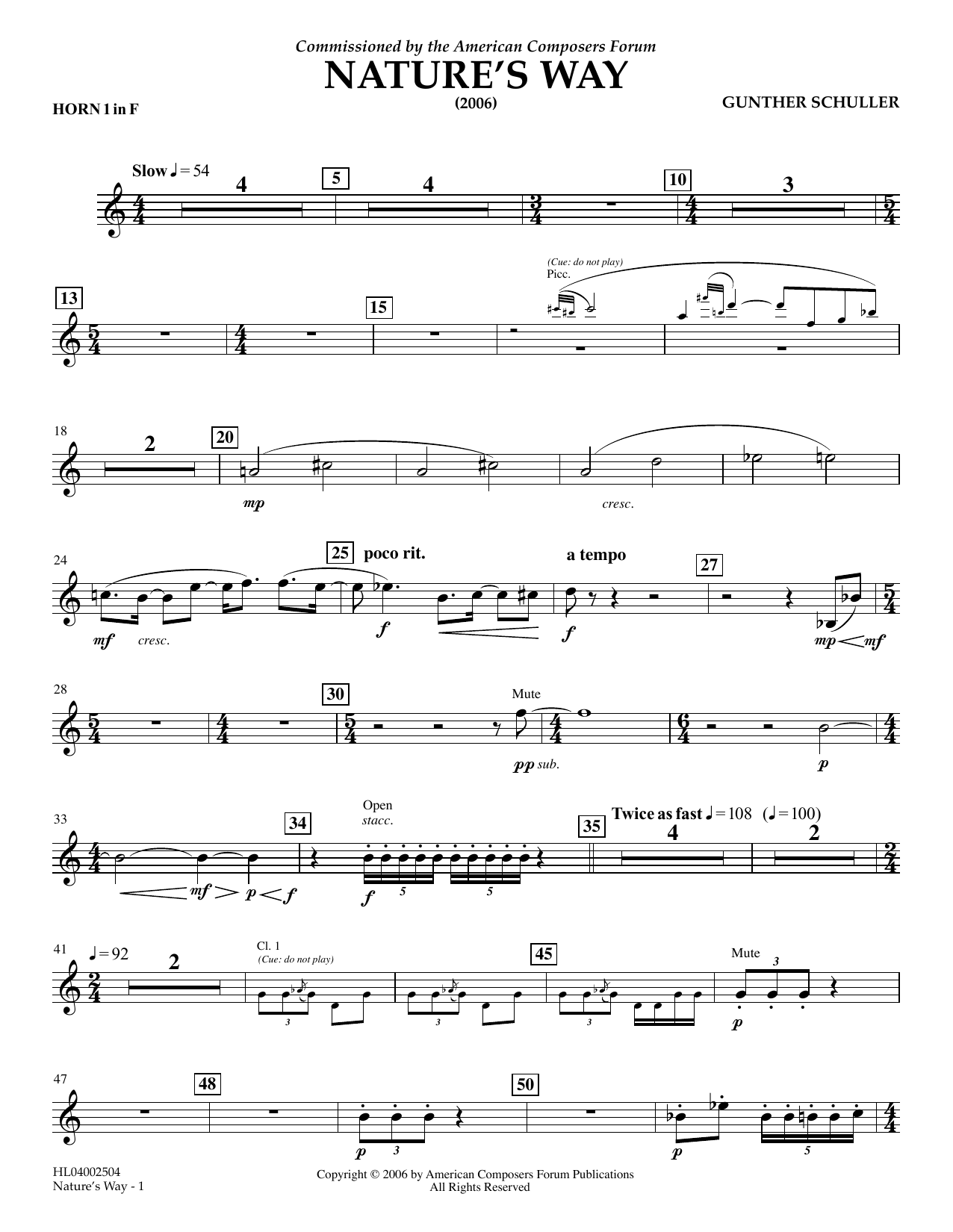 Gunther Schuller Nature's Way - F Horn 1 Sheet Music Notes & Chords for Concert Band - Download or Print PDF