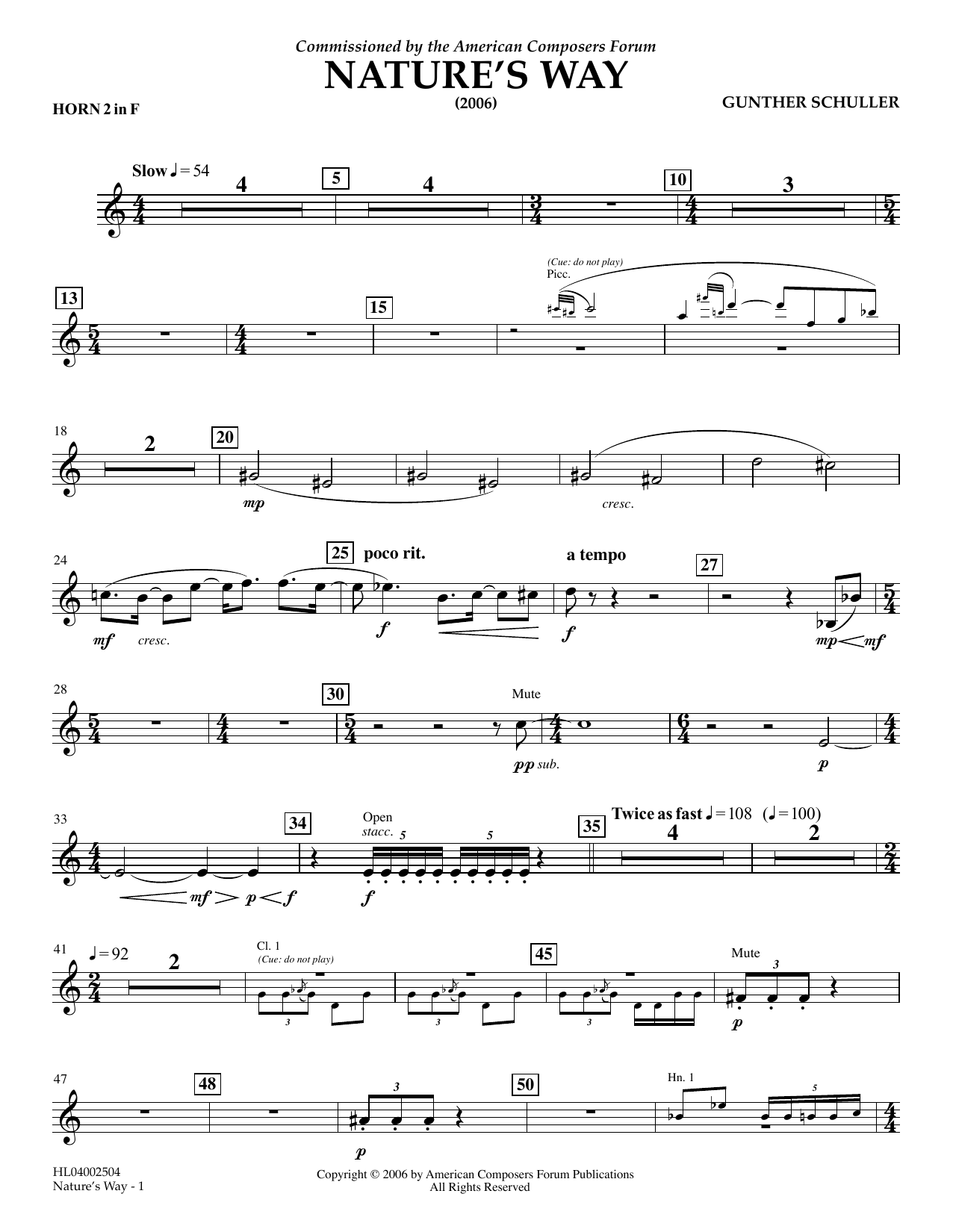 Gunther Schuller Nature's Way - F Horn 2 Sheet Music Notes & Chords for Concert Band - Download or Print PDF