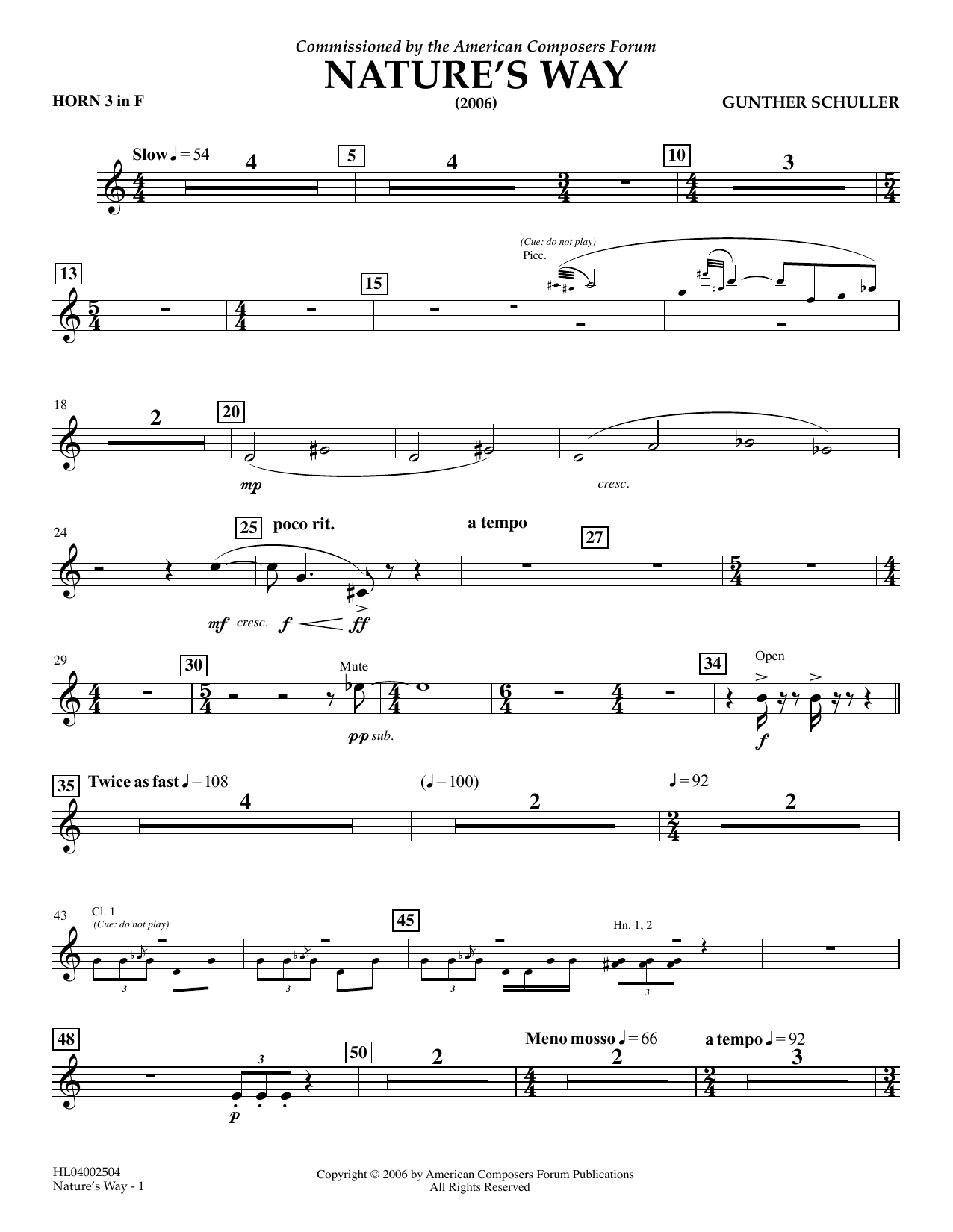 Gunther Schuller Nature's Way - F Horn 3 Sheet Music Notes & Chords for Concert Band - Download or Print PDF