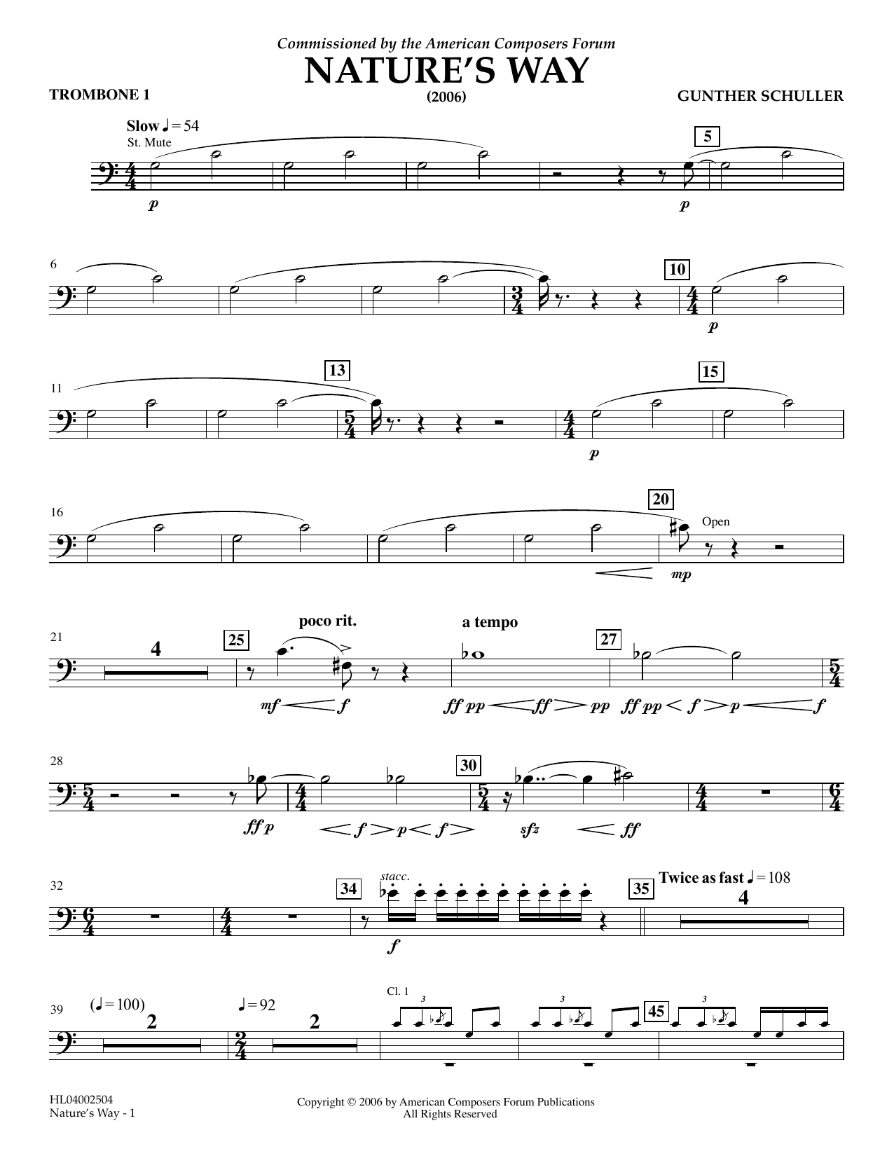 Gunther Schuller Nature's Way - Trombone 1 Sheet Music Notes & Chords for Concert Band - Download or Print PDF