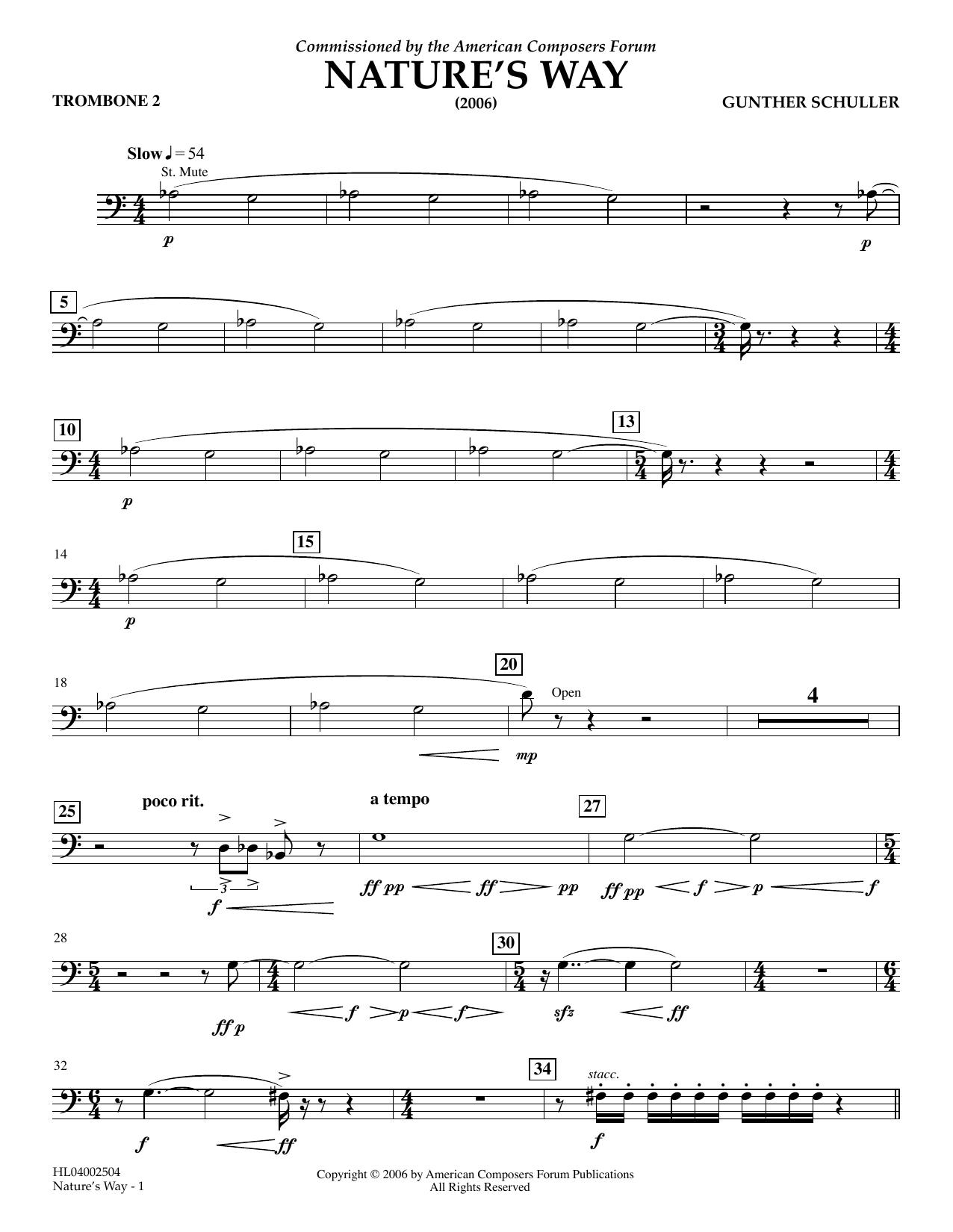 Gunther Schuller Nature's Way - Trombone 2 Sheet Music Notes & Chords for Concert Band - Download or Print PDF