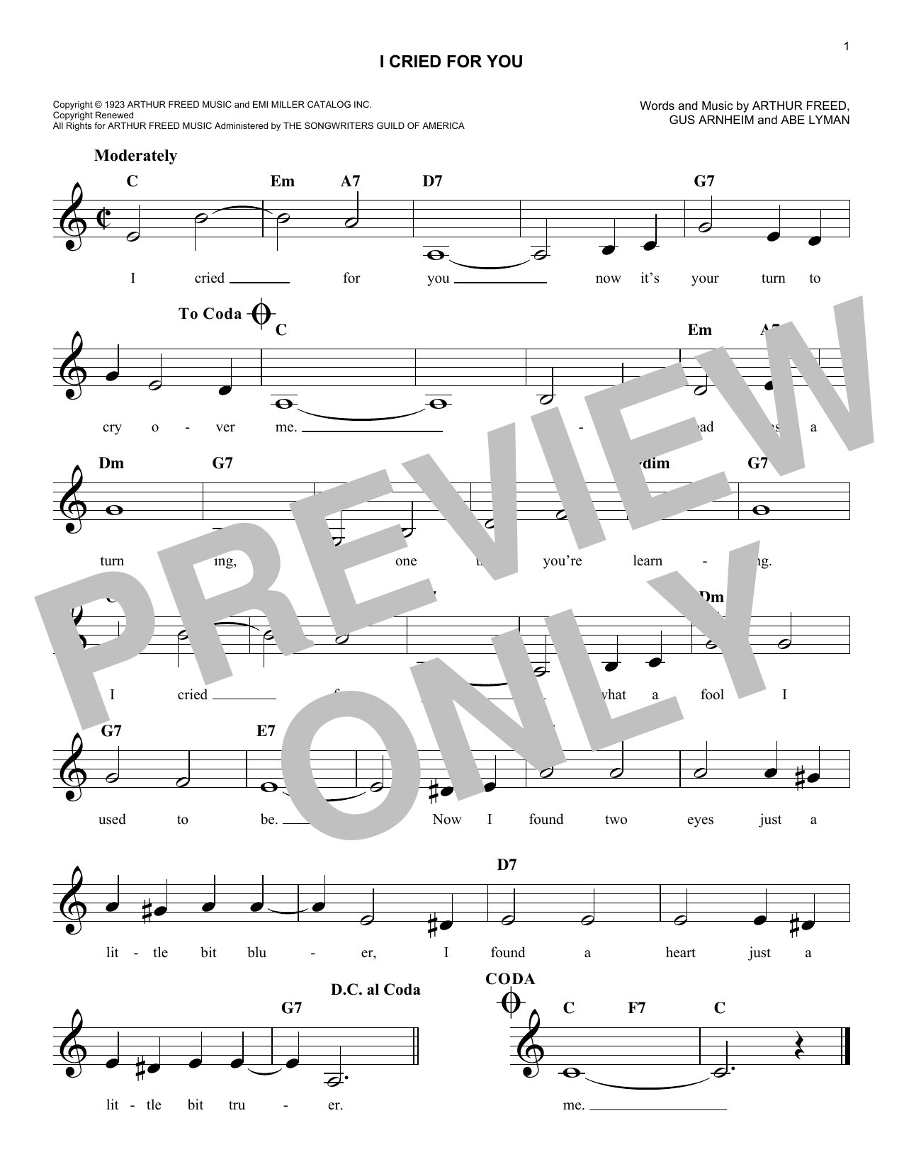 Gus Arnheim I Cried For You Sheet Music Notes & Chords for Melody Line, Lyrics & Chords - Download or Print PDF
