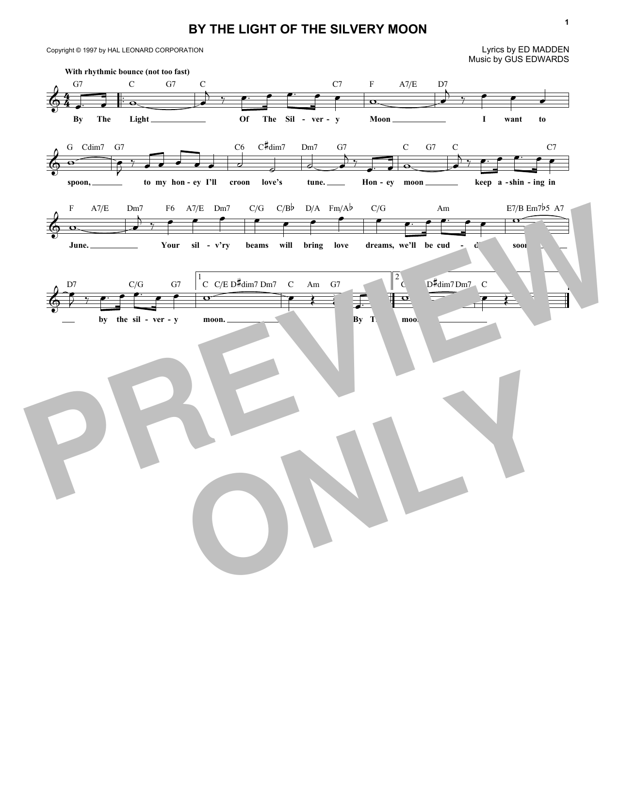 Gus Edwards By The Light Of The Silvery Moon Sheet Music Notes & Chords for Melody Line, Lyrics & Chords - Download or Print PDF