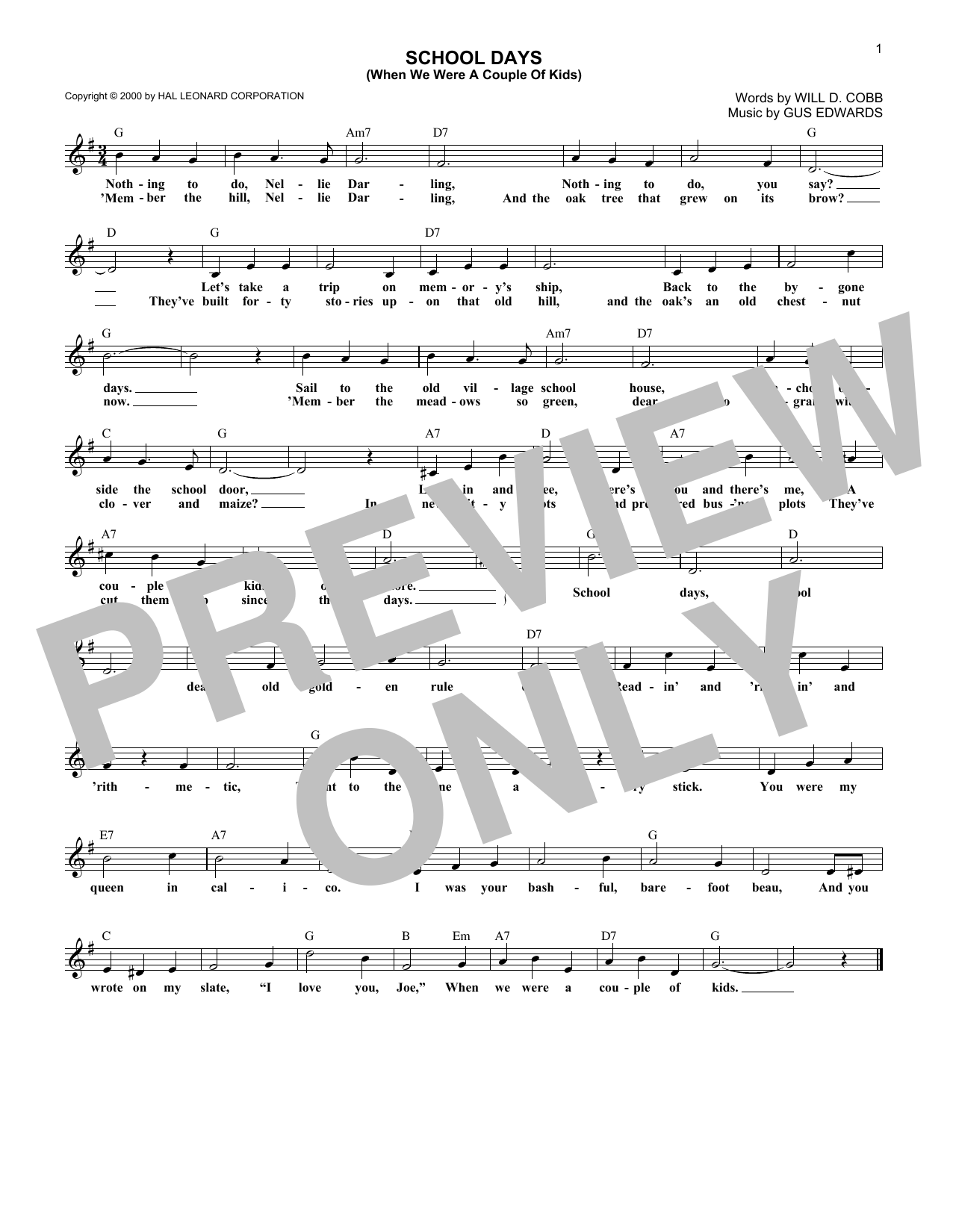Gus Edwards School Days (When We Were A Couple Of Kids) Sheet Music Notes & Chords for Melody Line, Lyrics & Chords - Download or Print PDF