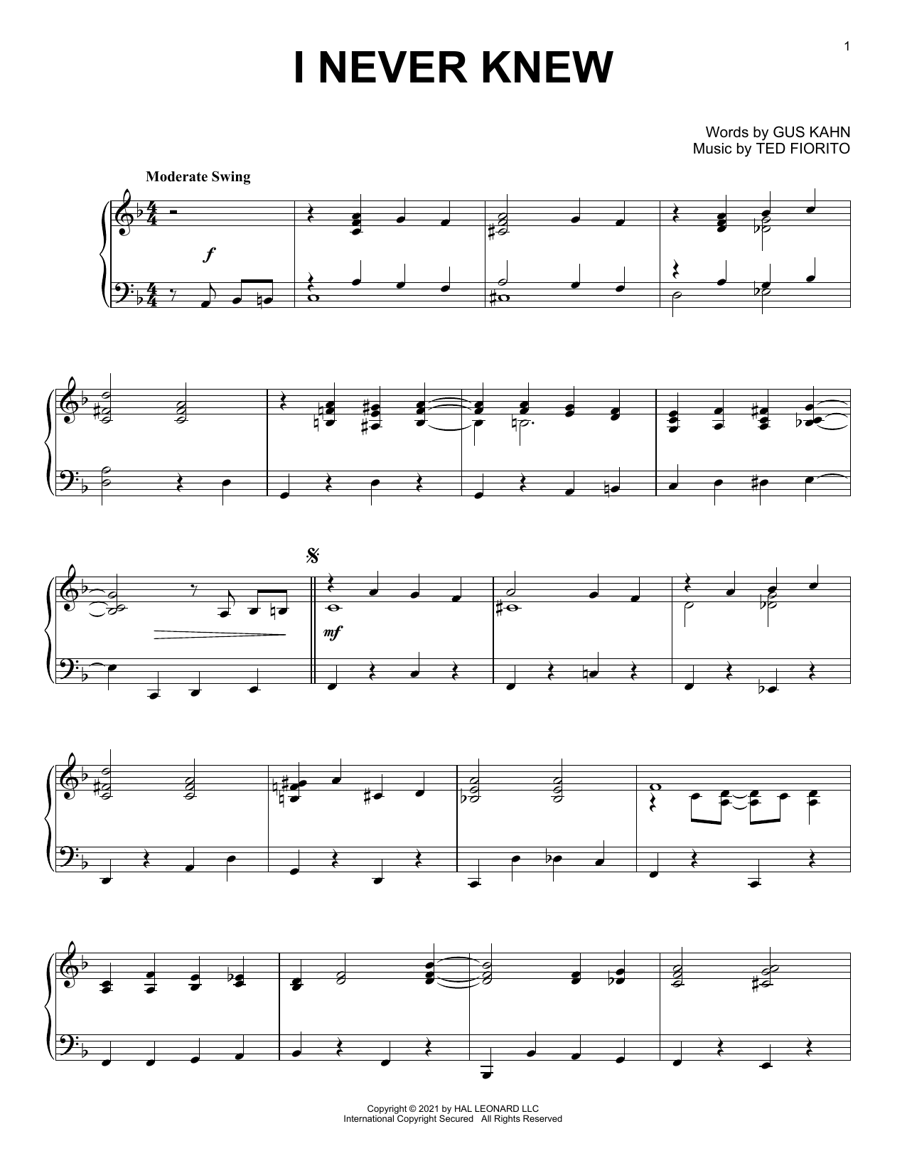 Gus Kahn and Ted Fiorito I Never Knew Sheet Music Notes & Chords for Piano Solo - Download or Print PDF