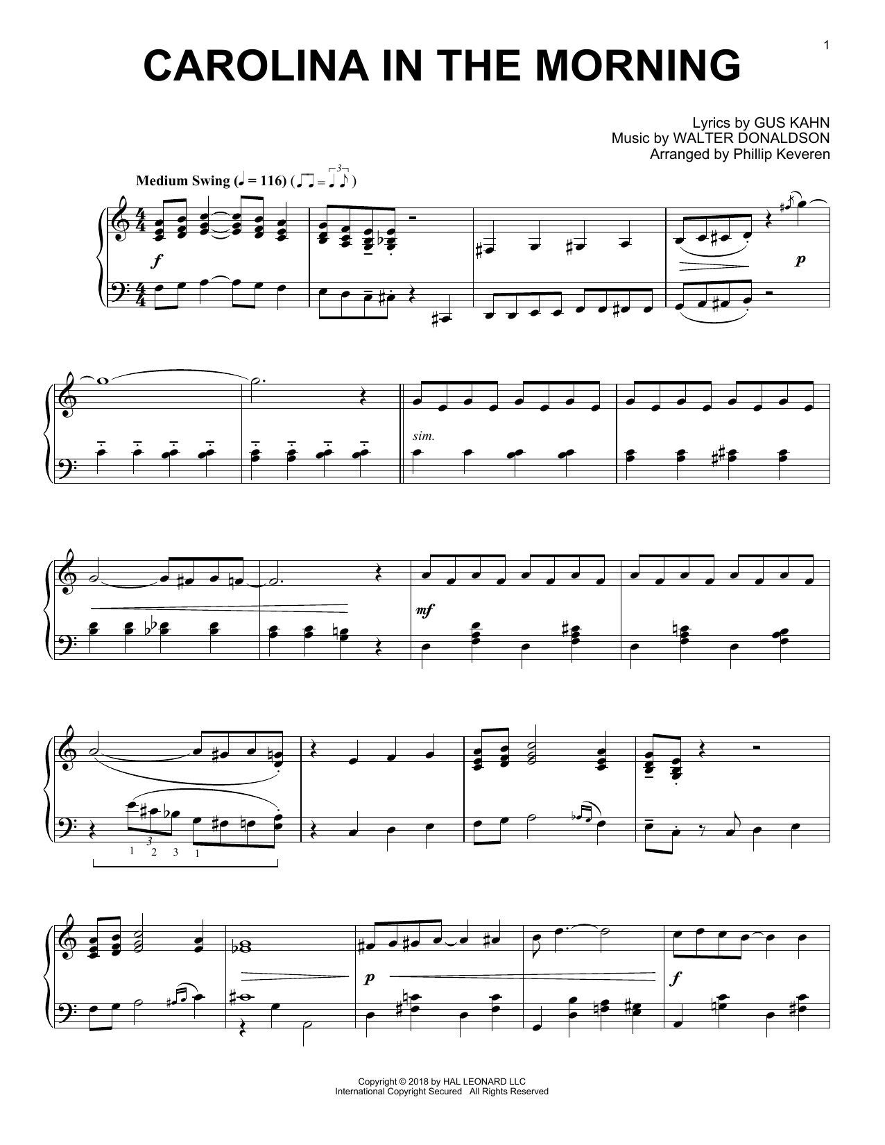 Gus Kahn Carolina In The Morning [Jazz version] (arr. Phillip Keveren) Sheet Music Notes & Chords for Piano - Download or Print PDF