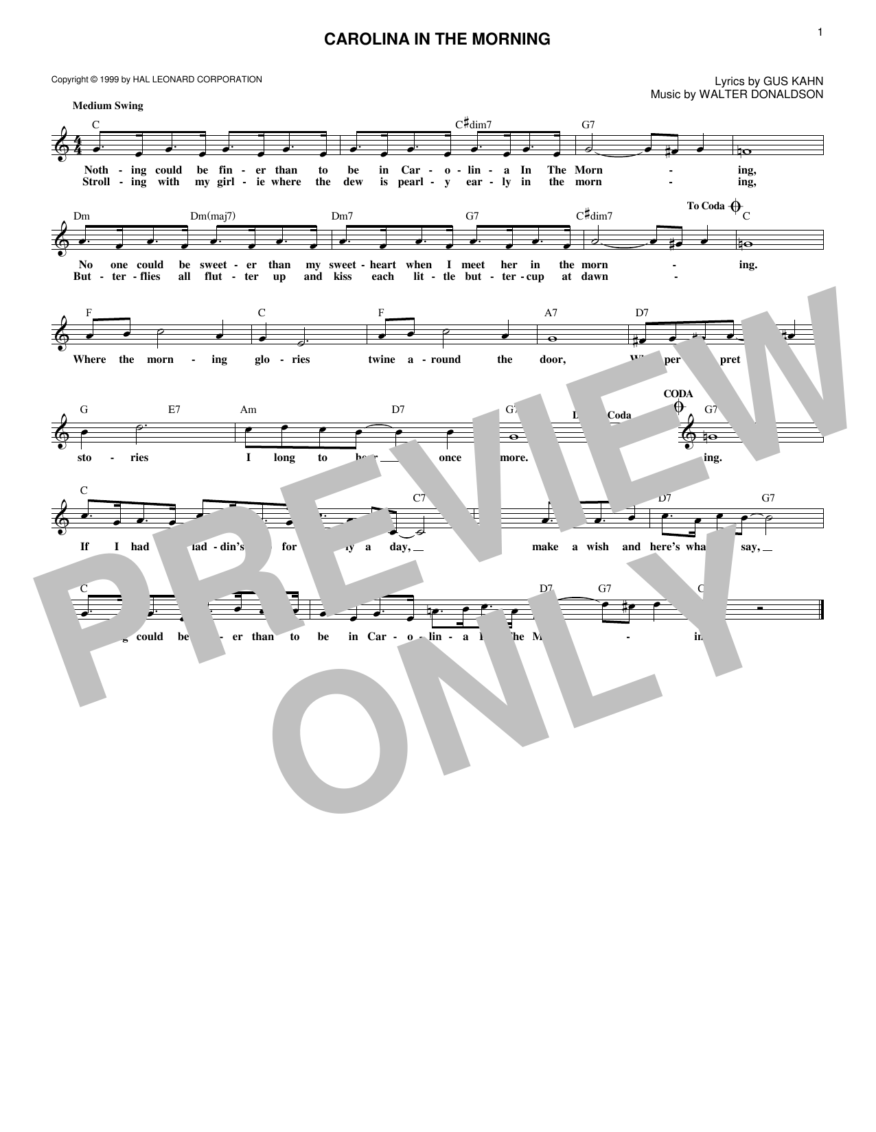 Gus Kahn Carolina In The Morning Sheet Music Notes & Chords for Melody Line, Lyrics & Chords - Download or Print PDF Gus Kahn Carolina In The Morning Sheet Music Notes & Chords for Melody Line, Lyrics & Chords - Download or Print PDF
