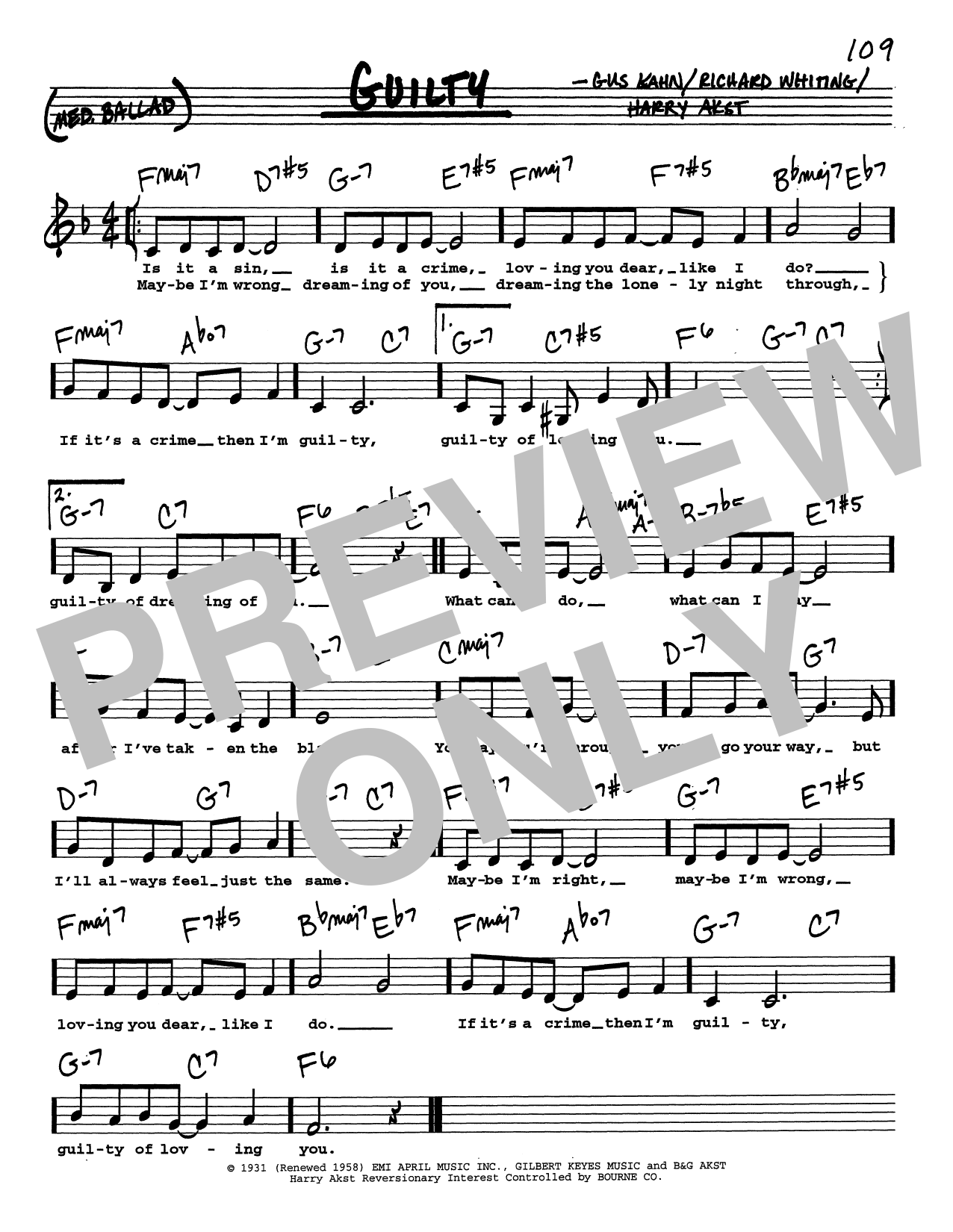 Gus Kahn Guilty (Low Voice) Sheet Music Notes & Chords for Real Book – Melody, Lyrics & Chords - Download or Print PDF