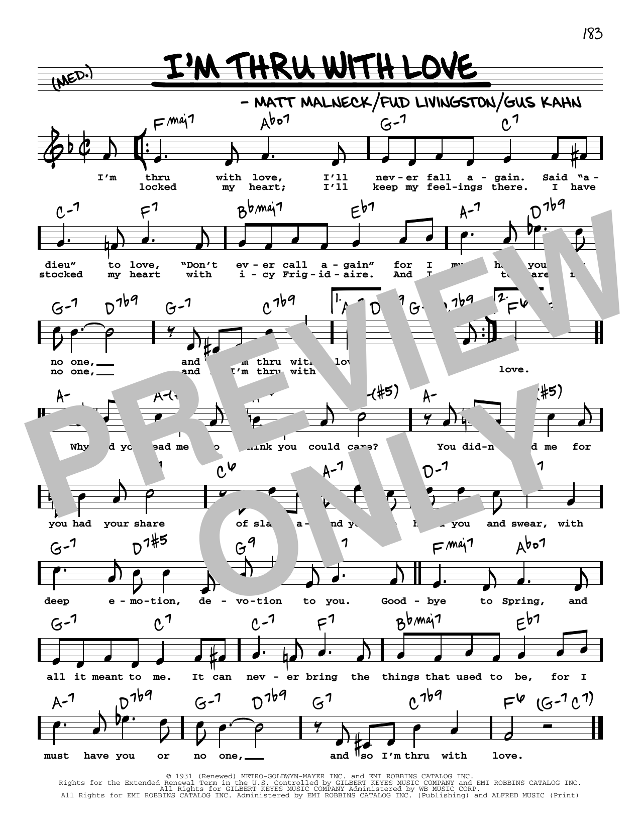 Gus Kahn I'm Thru With Love (High Voice) Sheet Music Notes & Chords for Real Book – Melody, Lyrics & Chords - Download or Print PDF