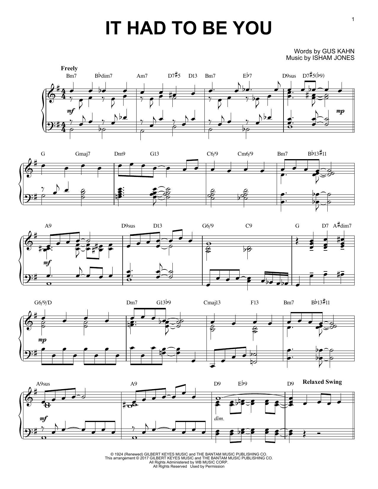 Gus Kahn It Had To Be You [Jazz version] Sheet Music Notes & Chords for Piano - Download or Print PDF