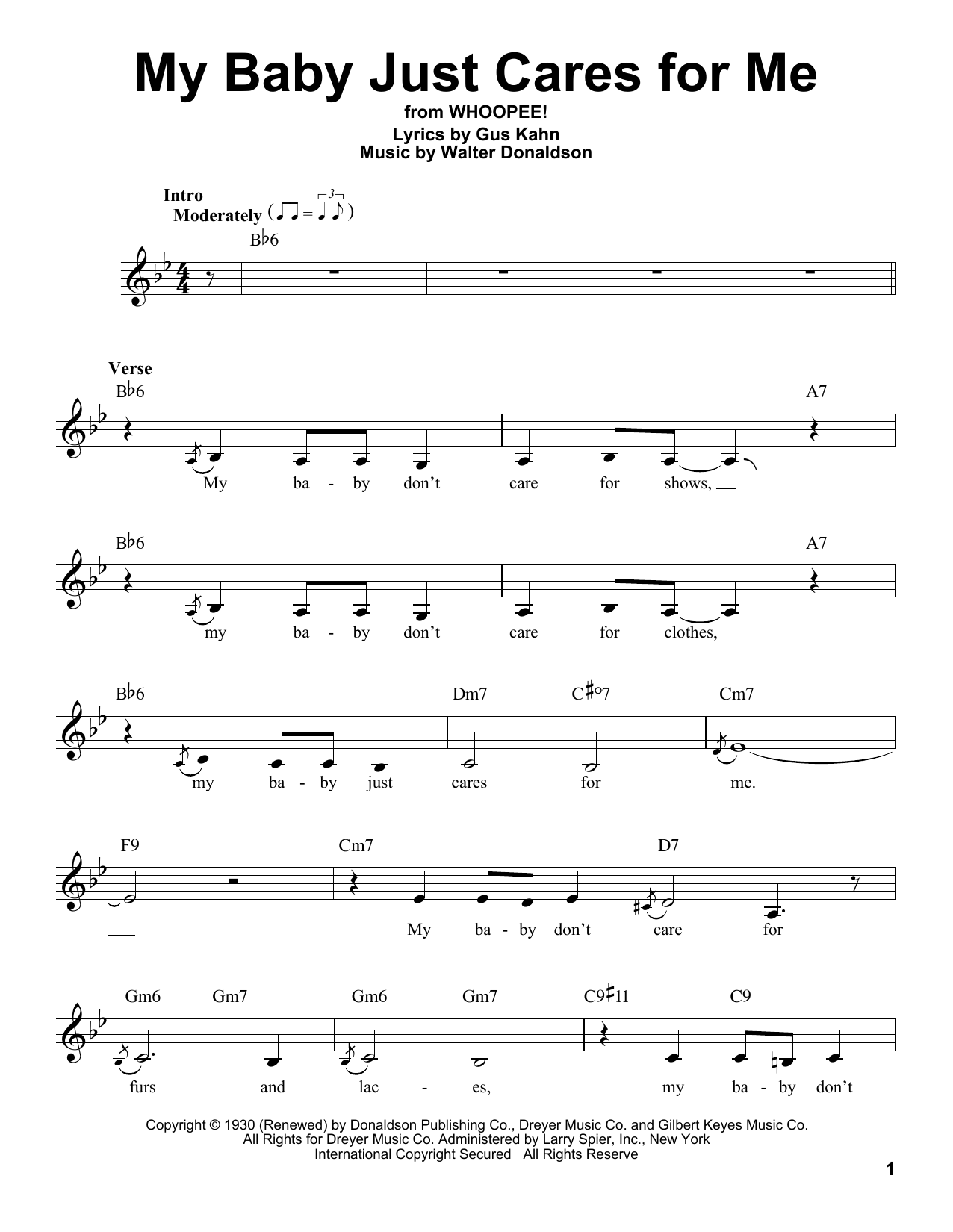 Gus Kahn My Baby Just Cares For Me Sheet Music Notes & Chords for Melody Line, Lyrics & Chords - Download or Print PDF