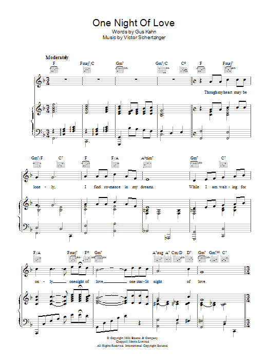 Gus Kahn One Night Of Love Sheet Music Notes & Chords for Piano, Vocal & Guitar (Right-Hand Melody) - Download or Print PDF