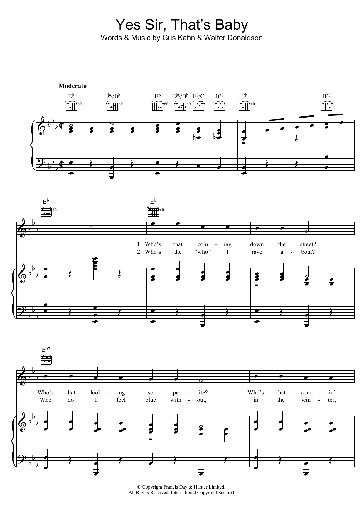 Gus Kahn Yes Sir, That's My Baby Sheet Music Notes & Chords for Piano, Vocal & Guitar (Right-Hand Melody) - Download or Print PDF
