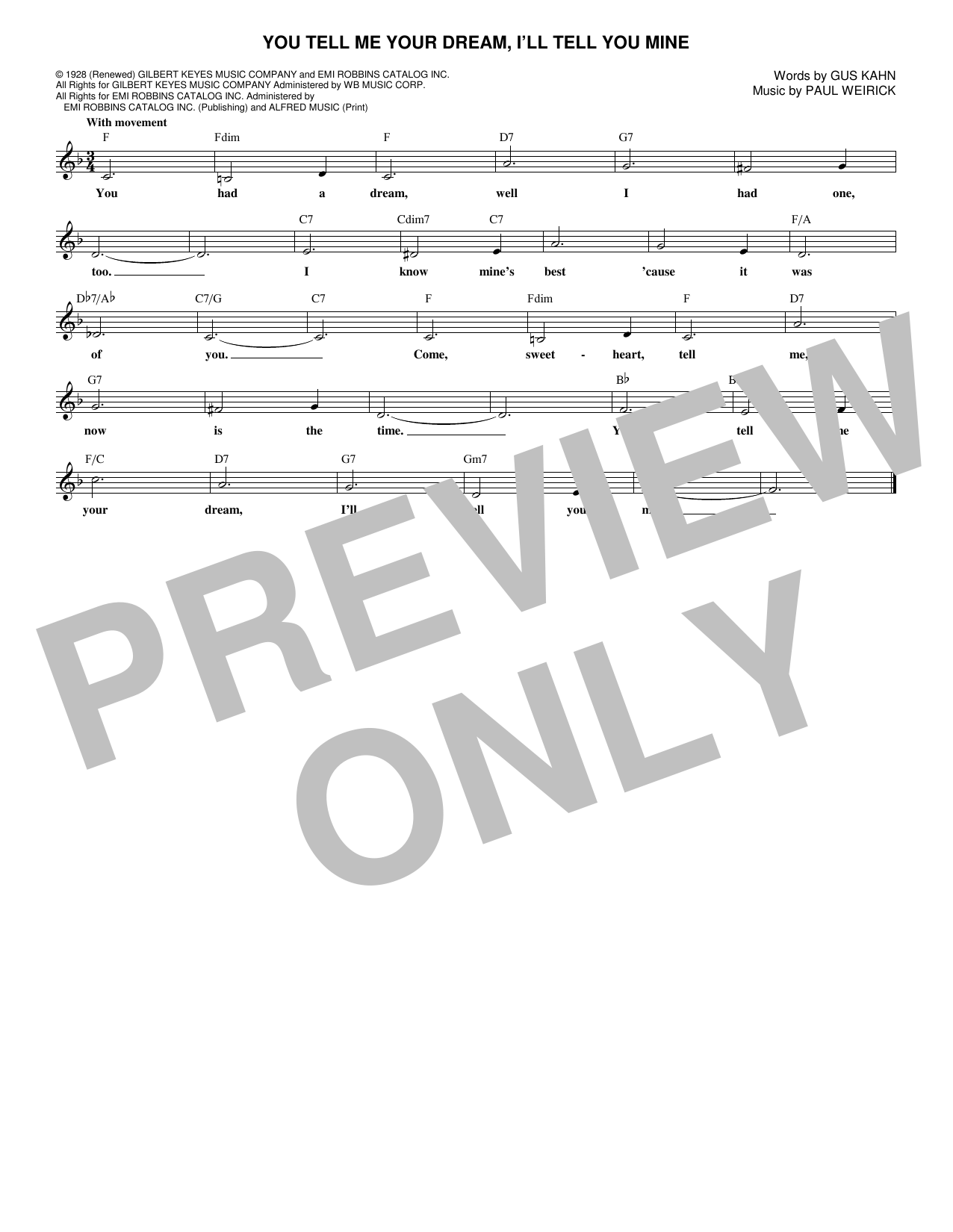 Gus Kahn You Tell Me Your Dream, I'll Tell You Mine Sheet Music Notes & Chords for Melody Line, Lyrics & Chords - Download or Print PDF