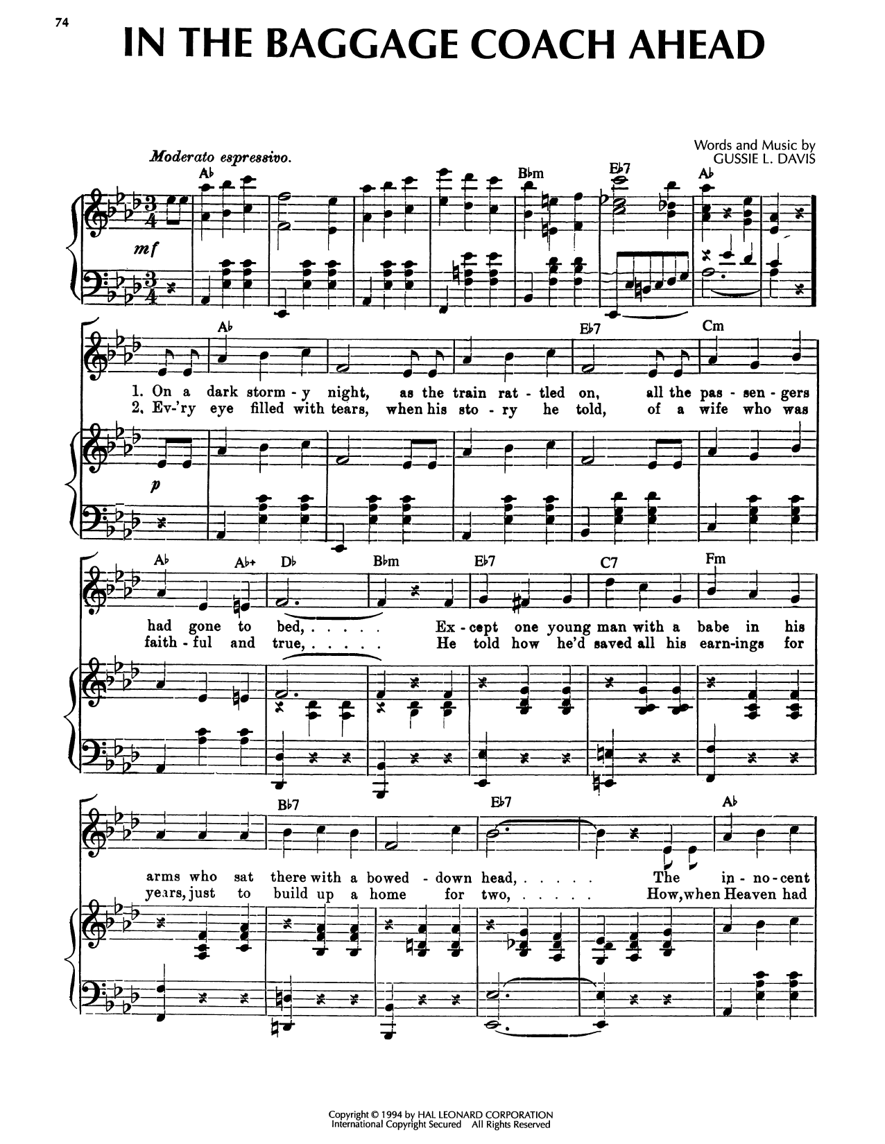 Gussie L. Davis In The Baggage Coach Ahead Sheet Music Notes & Chords for Piano, Vocal & Guitar Chords (Right-Hand Melody) - Download or Print PDF