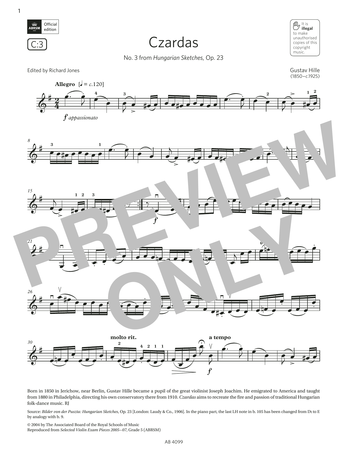 Gustav Hille Czardas (Grade 5, C3, from the ABRSM Violin Syllabus from 2024) Sheet Music Notes & Chords for Violin Solo - Download or Print PDF