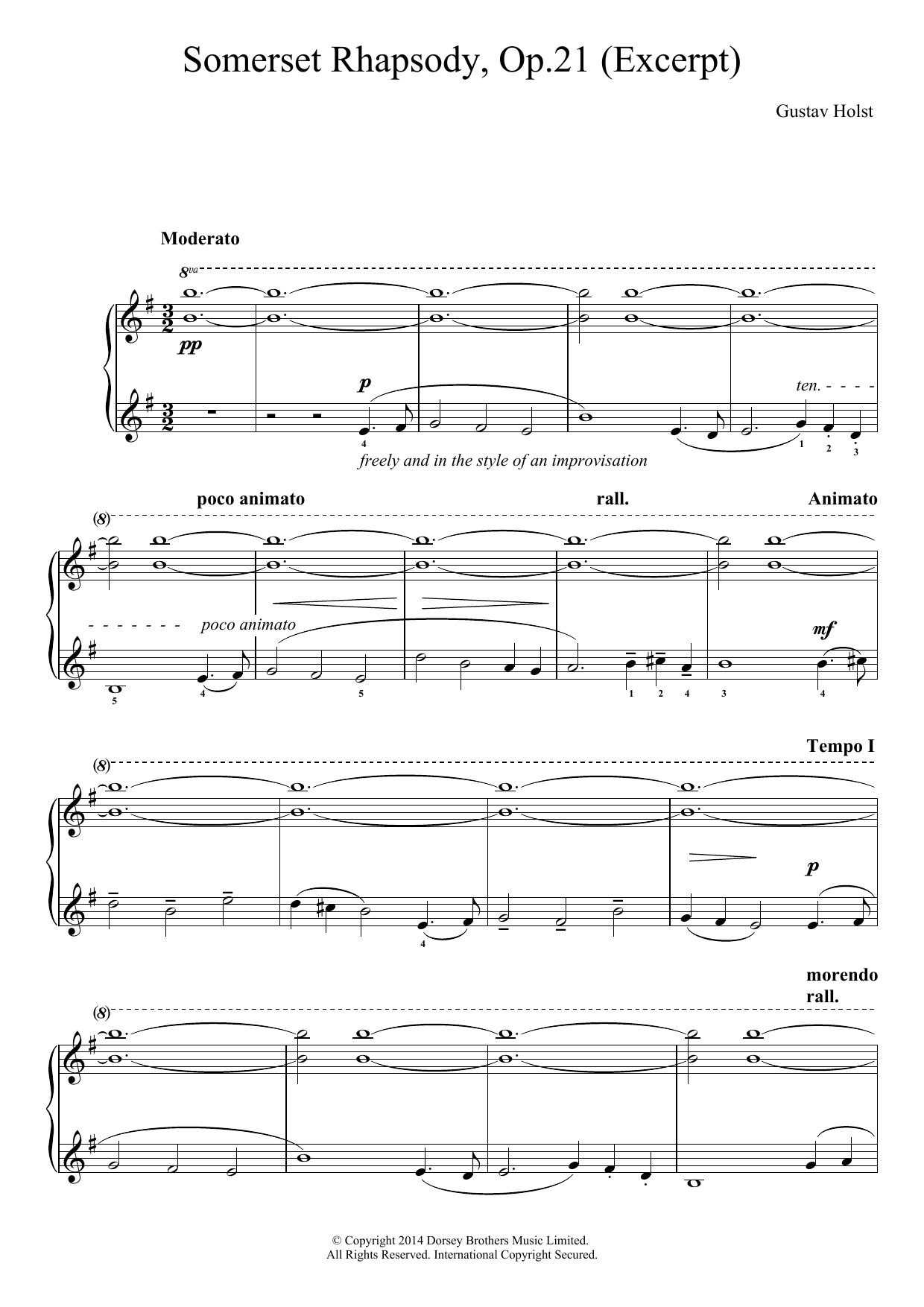 Gustav Holst A Somerset Rhapsody, Op. 21 Sheet Music Notes & Chords for Piano - Download or Print PDF
