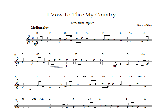 Gustav Holst I Vow To Thee My Country Sheet Music Notes & Chords for Melody Line & Chords - Download or Print PDF
