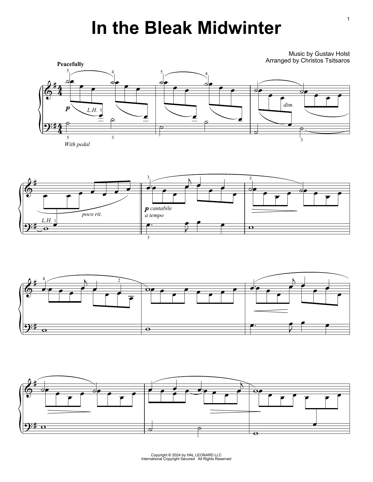 Gustav Holst In The Bleak Midwinter (arr. Christos Tsitsaros) Sheet Music Notes & Chords for Easy Piano Solo - Download or Print PDF