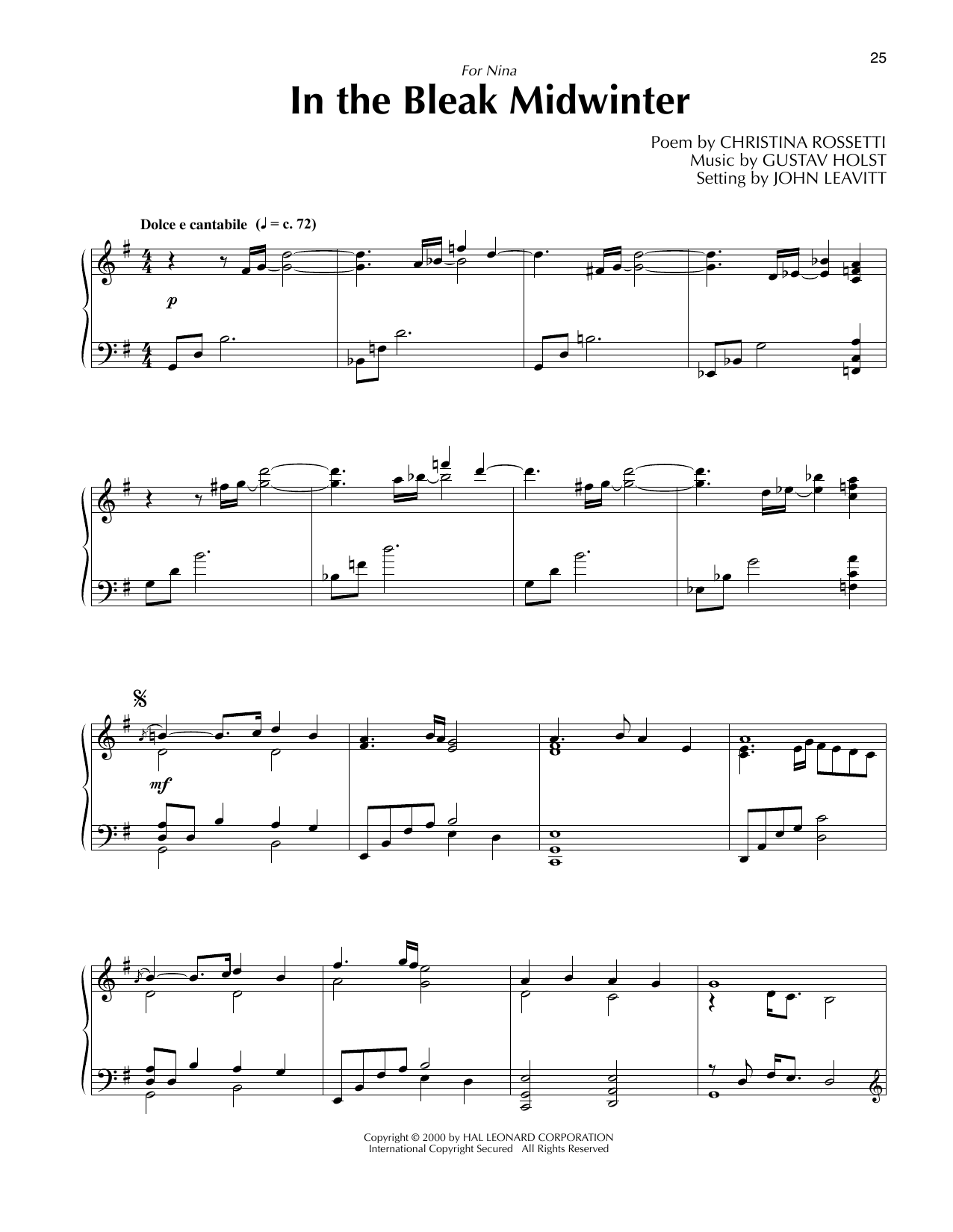 Gustav Holst In The Bleak Midwinter (arr. John Leavitt) Sheet Music Notes & Chords for Piano Solo - Download or Print PDF
