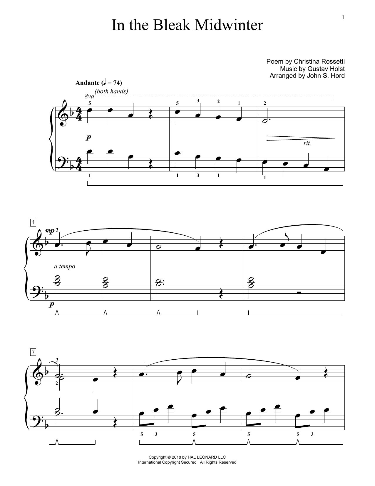 Gustav Holst In The Bleak Midwinter (arr. John S. Hord) Sheet Music Notes & Chords for Educational Piano - Download or Print PDF