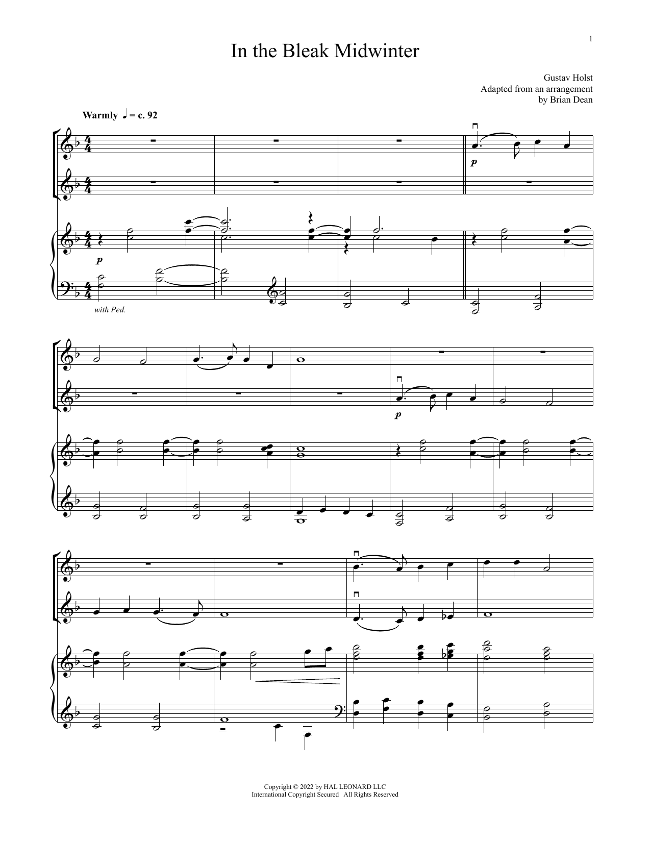 Gustav Holst In The Bleak Midwinter (for Violin Duet and Piano) Sheet Music Notes & Chords for Violin and Piano - Download or Print PDF
