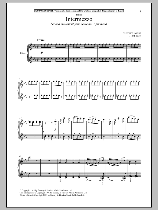 Gustav Holst Intermezzo (Second Movement from Suite No. 1 For Band) Sheet Music Notes & Chords for Piano Duet - Download or Print PDF