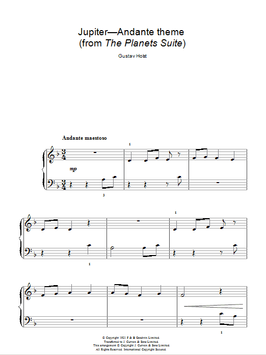 Gustav Holst Jupiter (from The Planets Op. 32) Sheet Music Notes & Chords for 5-Finger Piano - Download or Print PDF