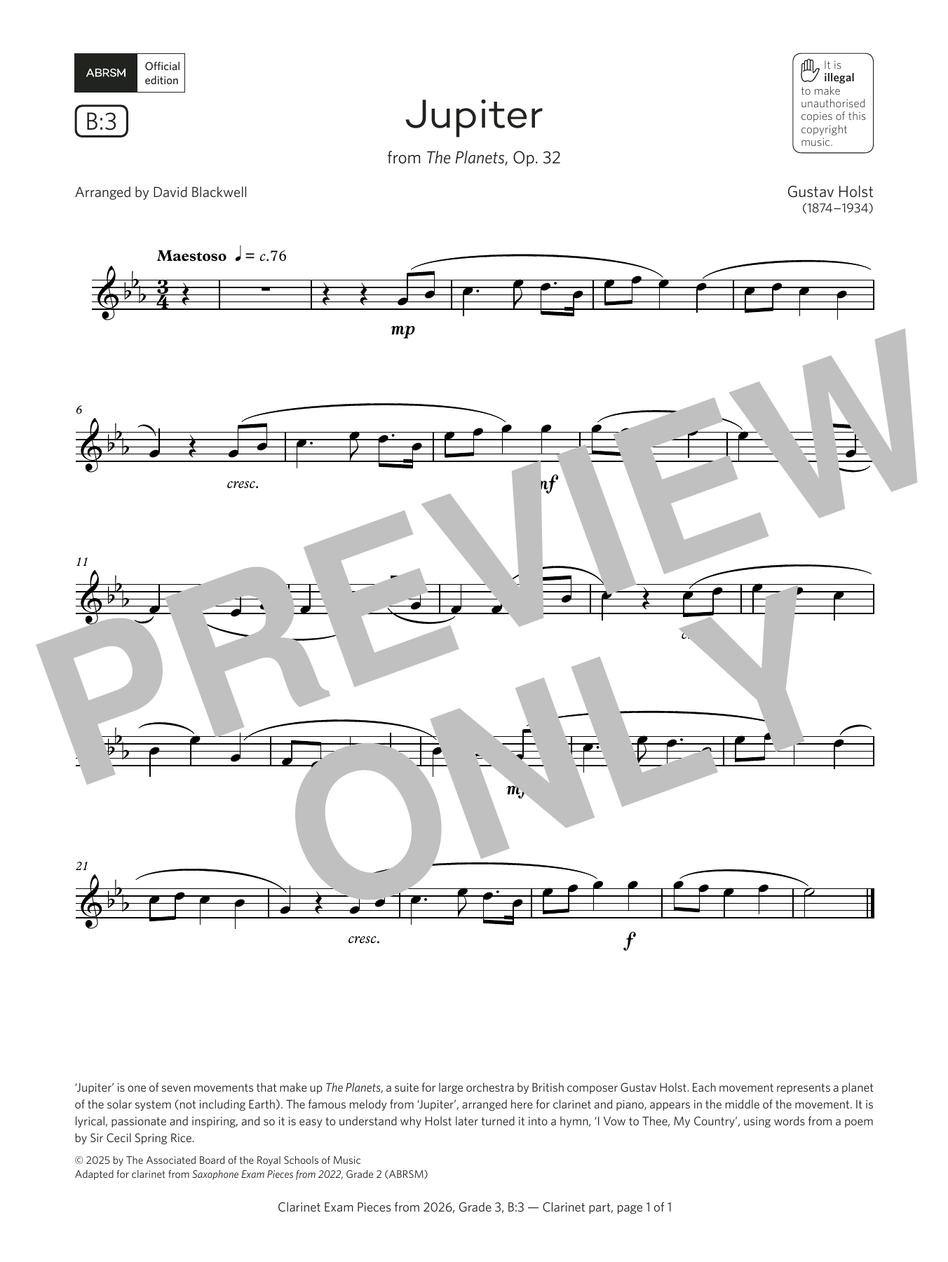 Gustav Holst Jupiter (Grade 3, list B3, from the ABRSM Clarinet Syllabus from 2026) Sheet Music Notes & Chords for Clarinet Solo - Download or Print PDF Gustav Holst Jupiter (Grade 3, list B3, from the ABRSM Clarinet Syllabus from 2026) Sheet Music Notes & Chords for Clarinet Solo - Download or Print PDF
