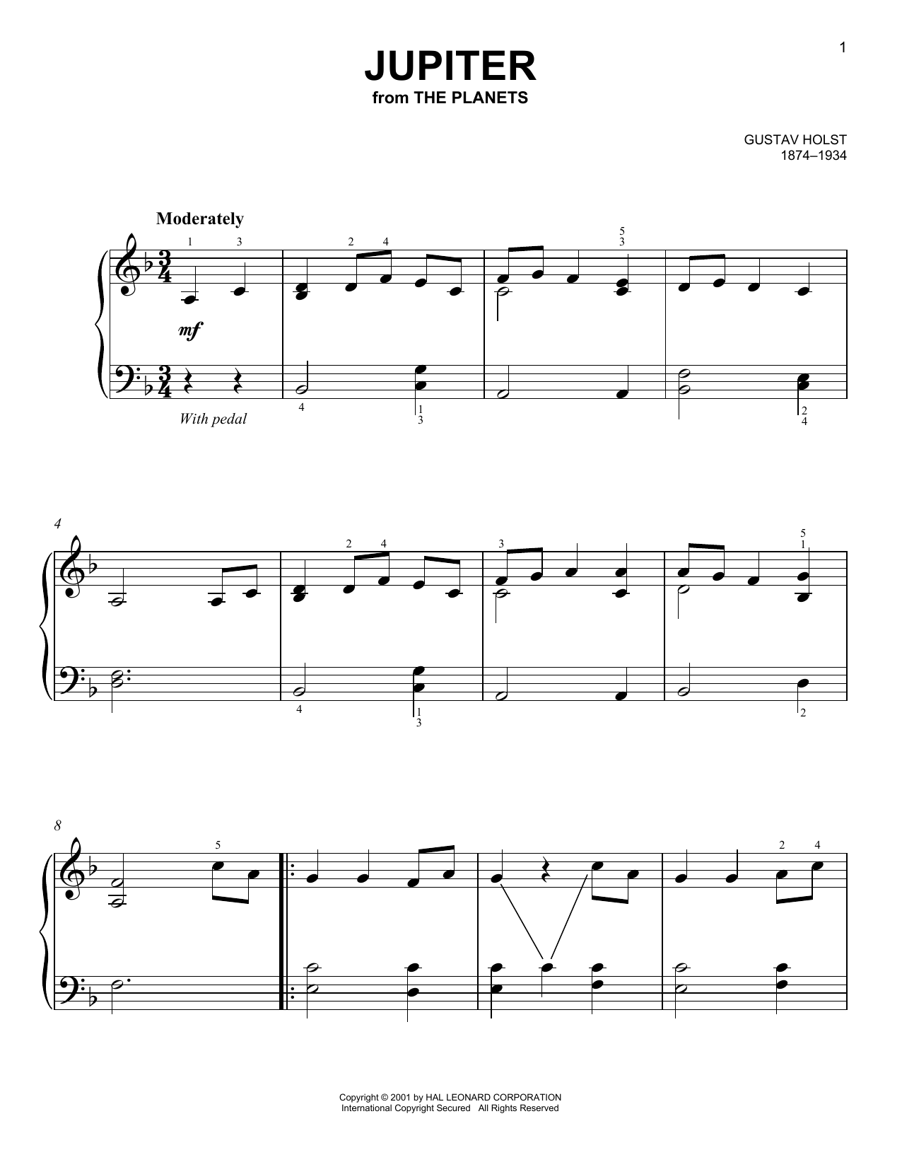 Gustav Holst Jupiter Sheet Music Notes & Chords for Easy Piano - Download or Print PDF