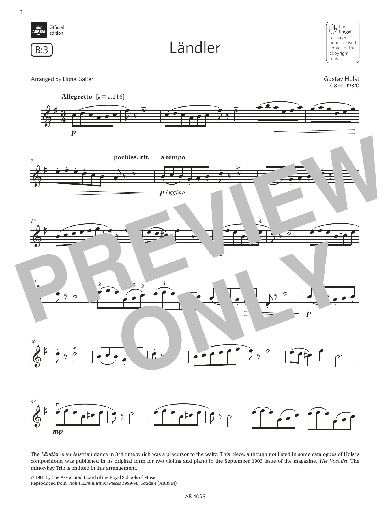 Gustav Holst Ländler (Grade 4, B3, from the ABRSM Violin Syllabus from 2024) Sheet Music Notes & Chords for Violin Solo - Download or Print PDF