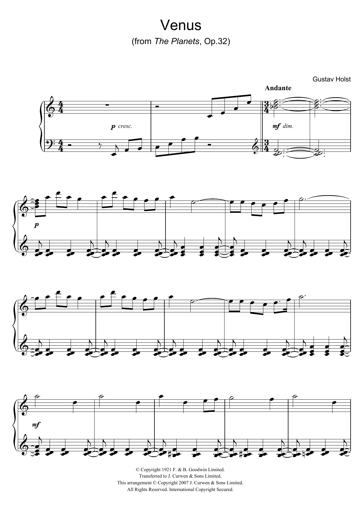 Gustav Holst Venus (from The Planets Op.32) Sheet Music Notes & Chords for Easy Piano - Download or Print PDF