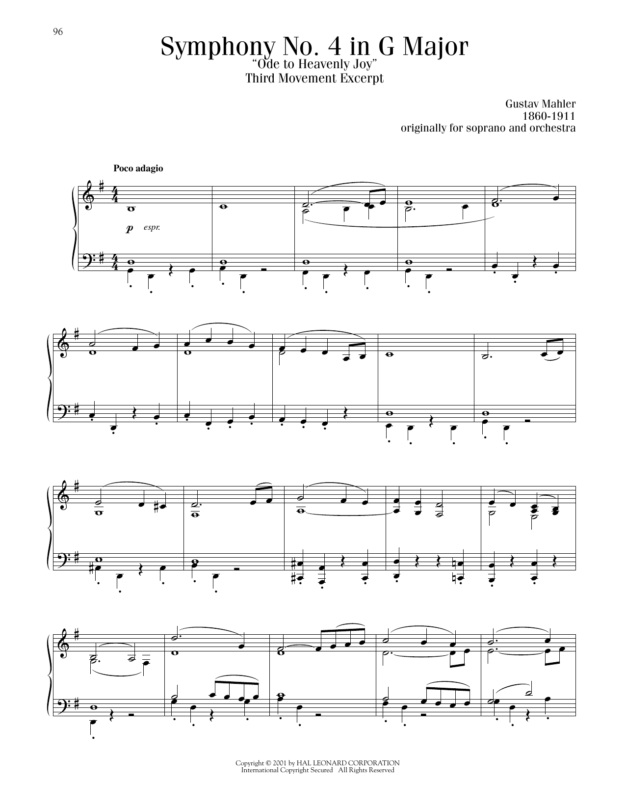 Gustav Mahler Symphony No. 4 In G Major (Ode to Heavenly Joy), 3rd Movement Sheet Music Notes & Chords for Piano Solo - Download or Print PDF