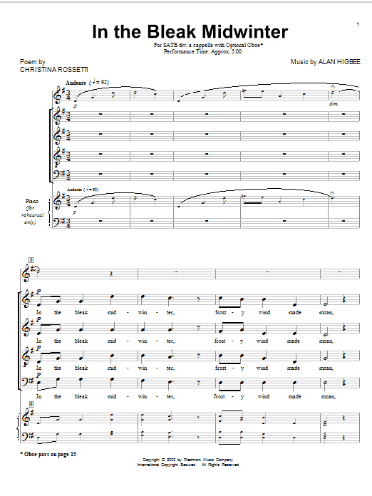 Preview Gustav Holst In The Bleak Midwinter (arr. Alan Higbee) Sacred sheet music, notes and chords for SATB, SKU: 55047 In The Bleak Midwinter (arr. Alan Higbee) sheet music