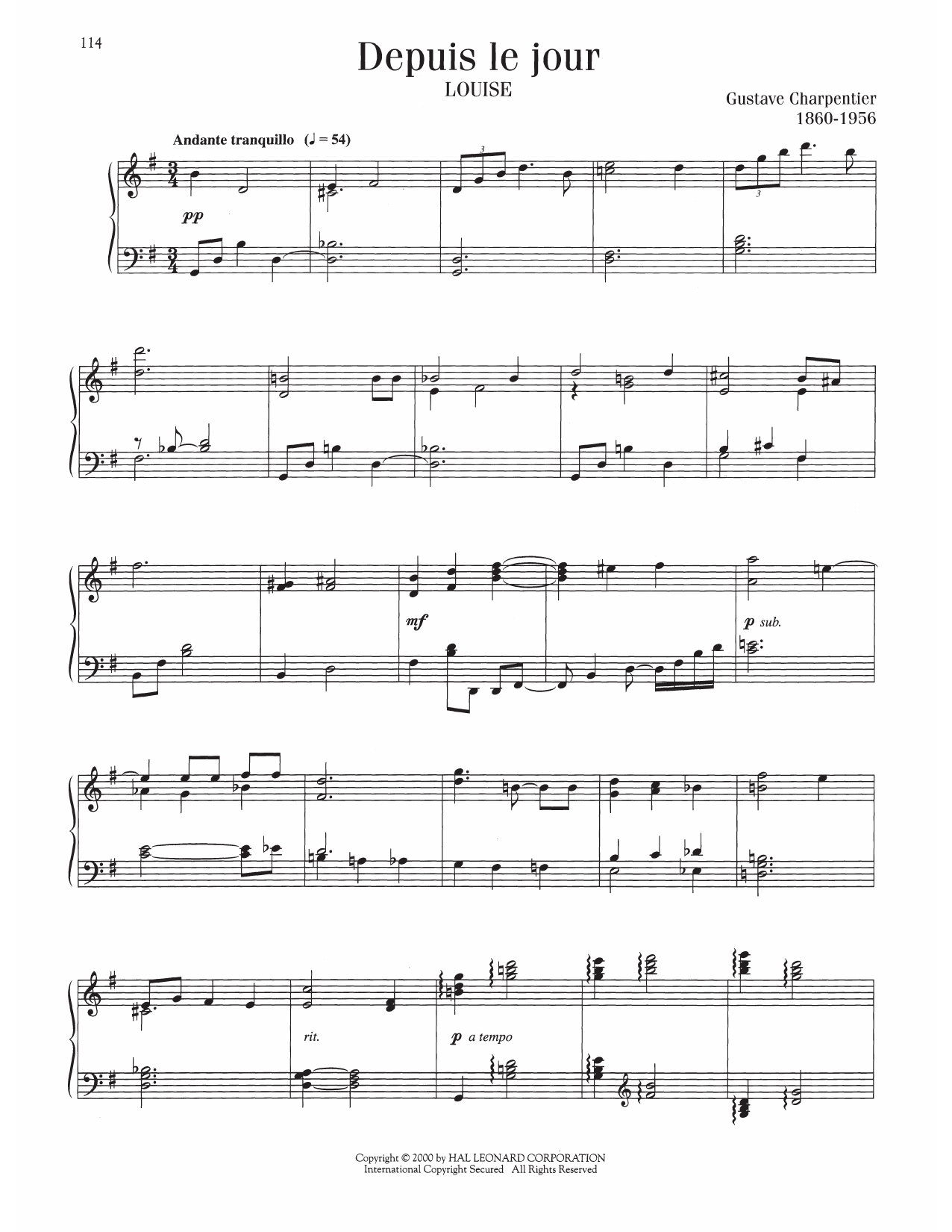 Gustave Charpentier Depuis Le Jour Sheet Music Notes & Chords for Piano Solo - Download or Print PDF