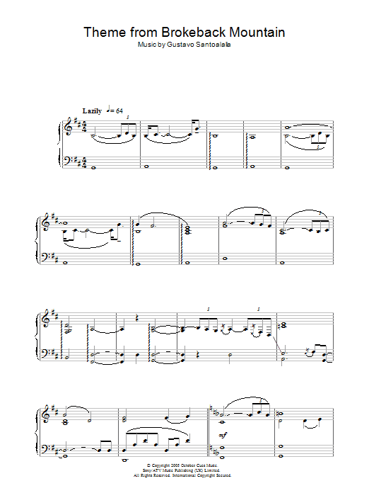 Gustavo Santoalalla Theme from Brokeback Mountain Sheet Music Notes & Chords for Piano Solo - Download or Print PDF