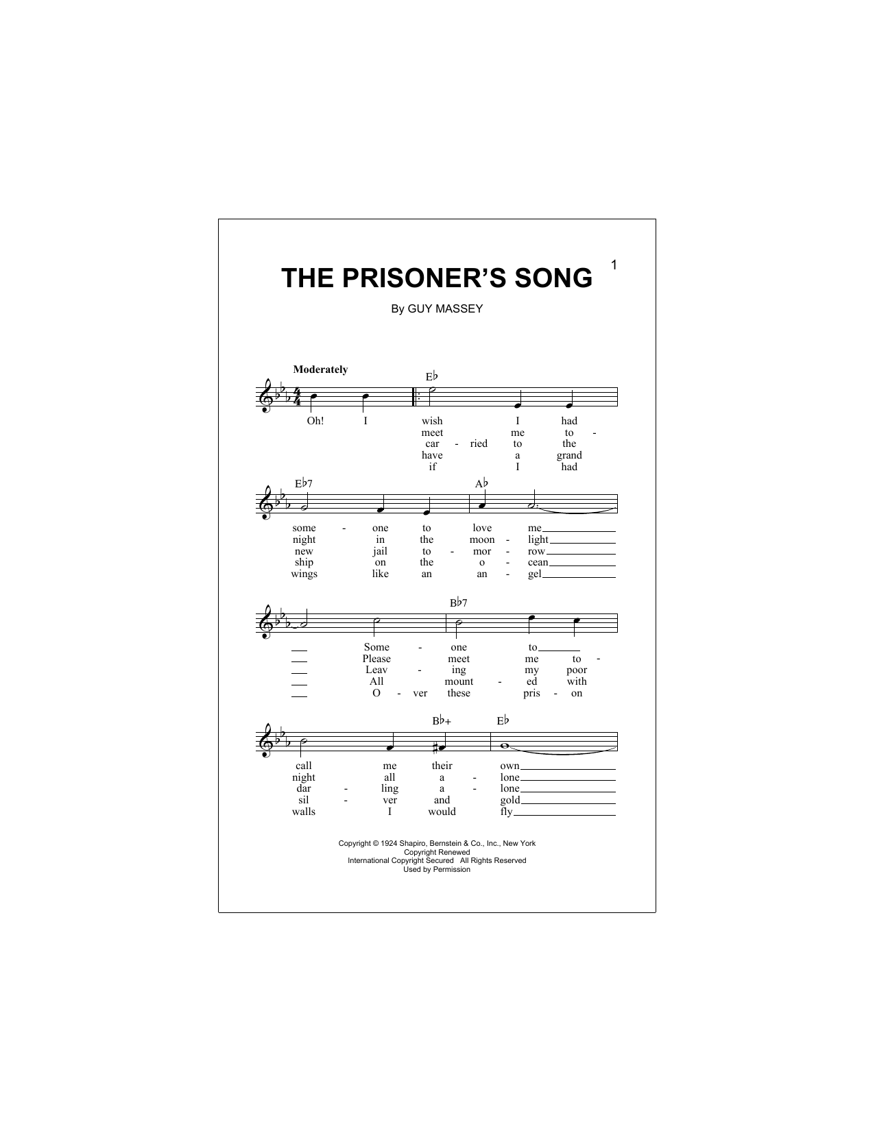 Guy Massey The Prisoner's Song Sheet Music Notes & Chords for Real Book – Melody, Lyrics & Chords - Download or Print PDF