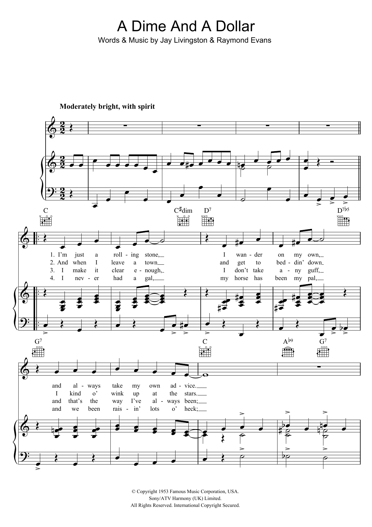 Guy Mitchell A Dime And A Dollar Sheet Music Notes & Chords for Piano, Vocal & Guitar (Right-Hand Melody) - Download or Print PDF