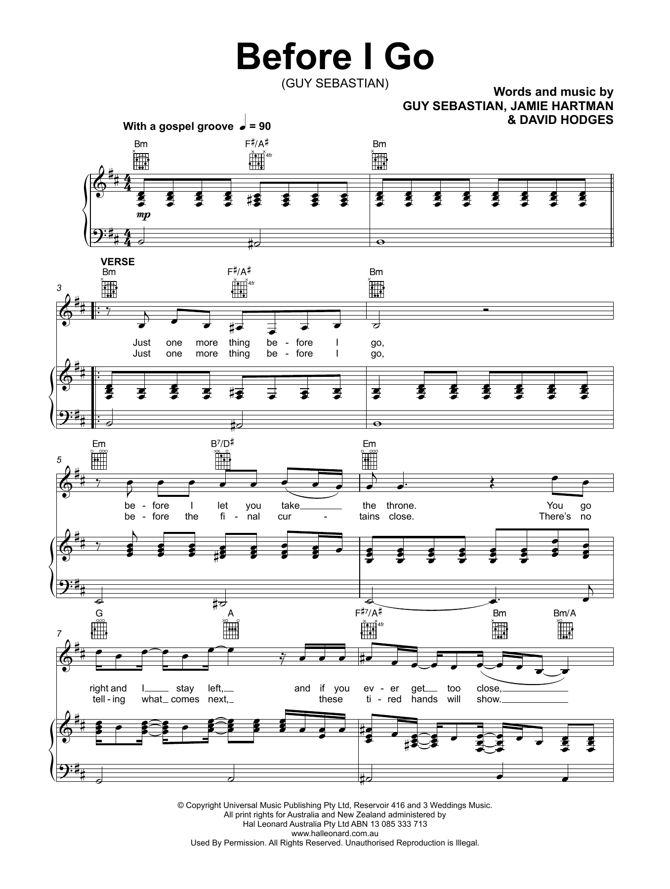 Guy Sebastian Before I Go Sheet Music Notes & Chords for Piano, Vocal & Guitar (Right-Hand Melody) - Download or Print PDF