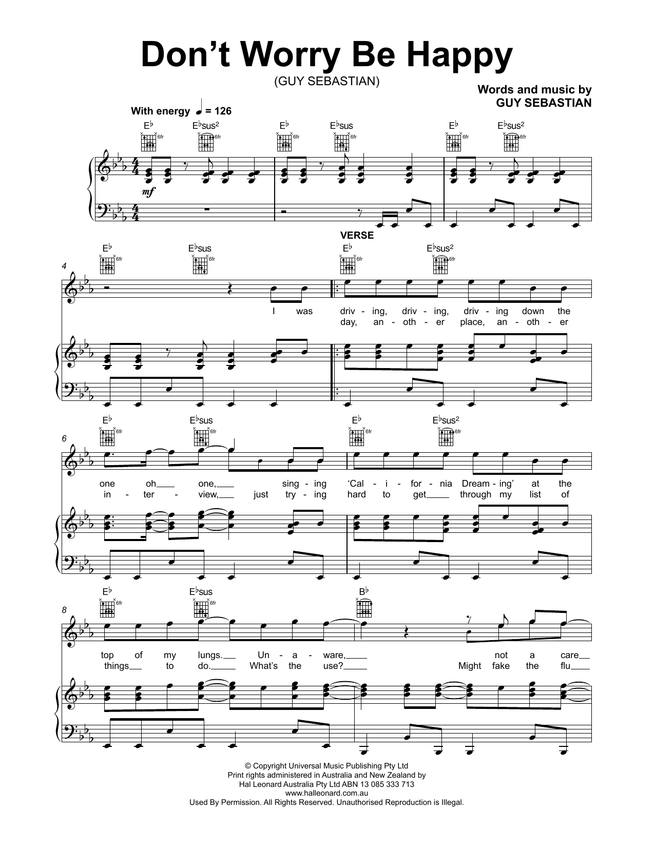 Guy Sebastian Don't Worry Be Happy Sheet Music Notes & Chords for Piano, Vocal & Guitar (Right-Hand Melody) - Download or Print PDF