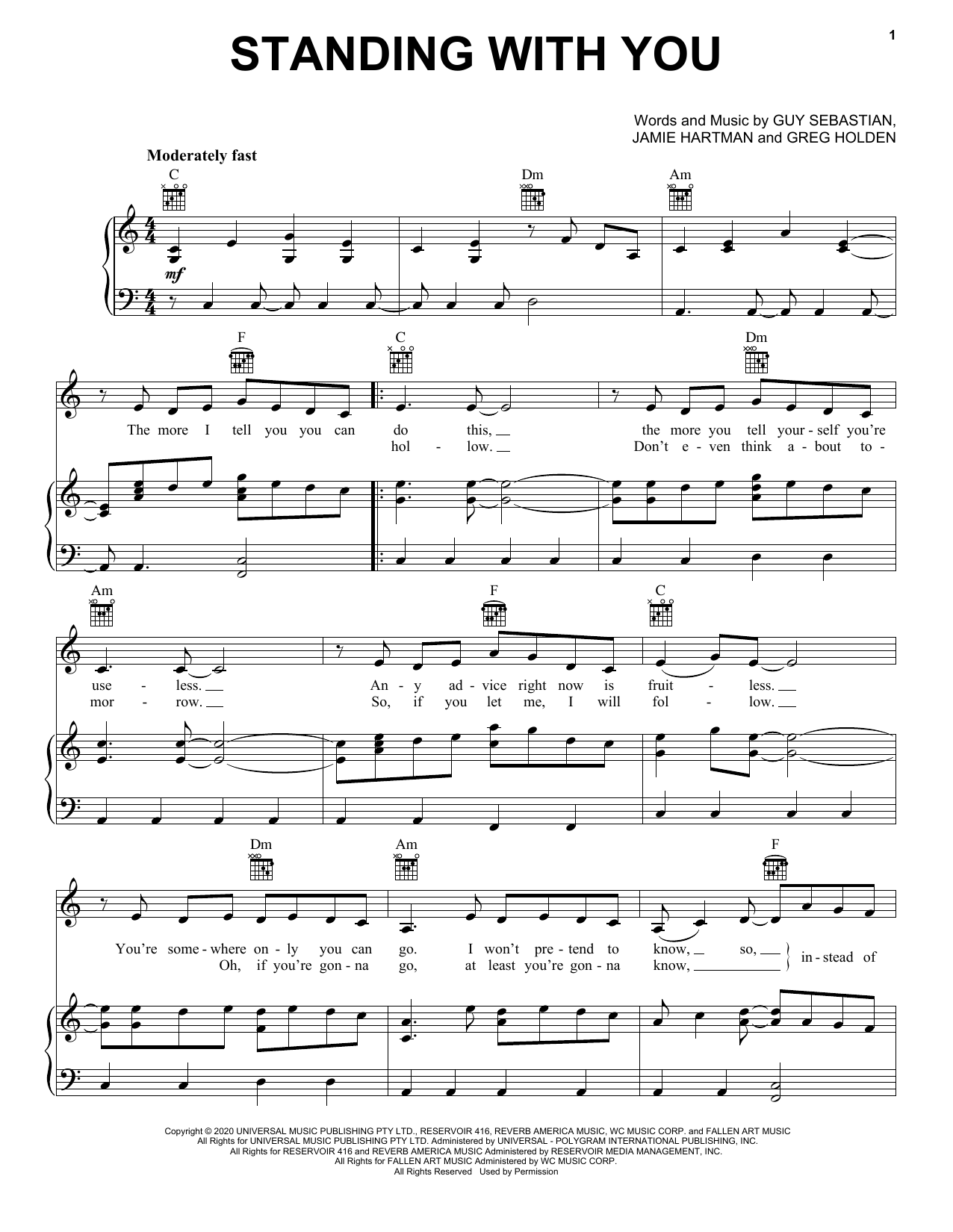 Guy Sebastian Standing With You Sheet Music Notes & Chords for Piano, Vocal & Guitar (Right-Hand Melody) - Download or Print PDF