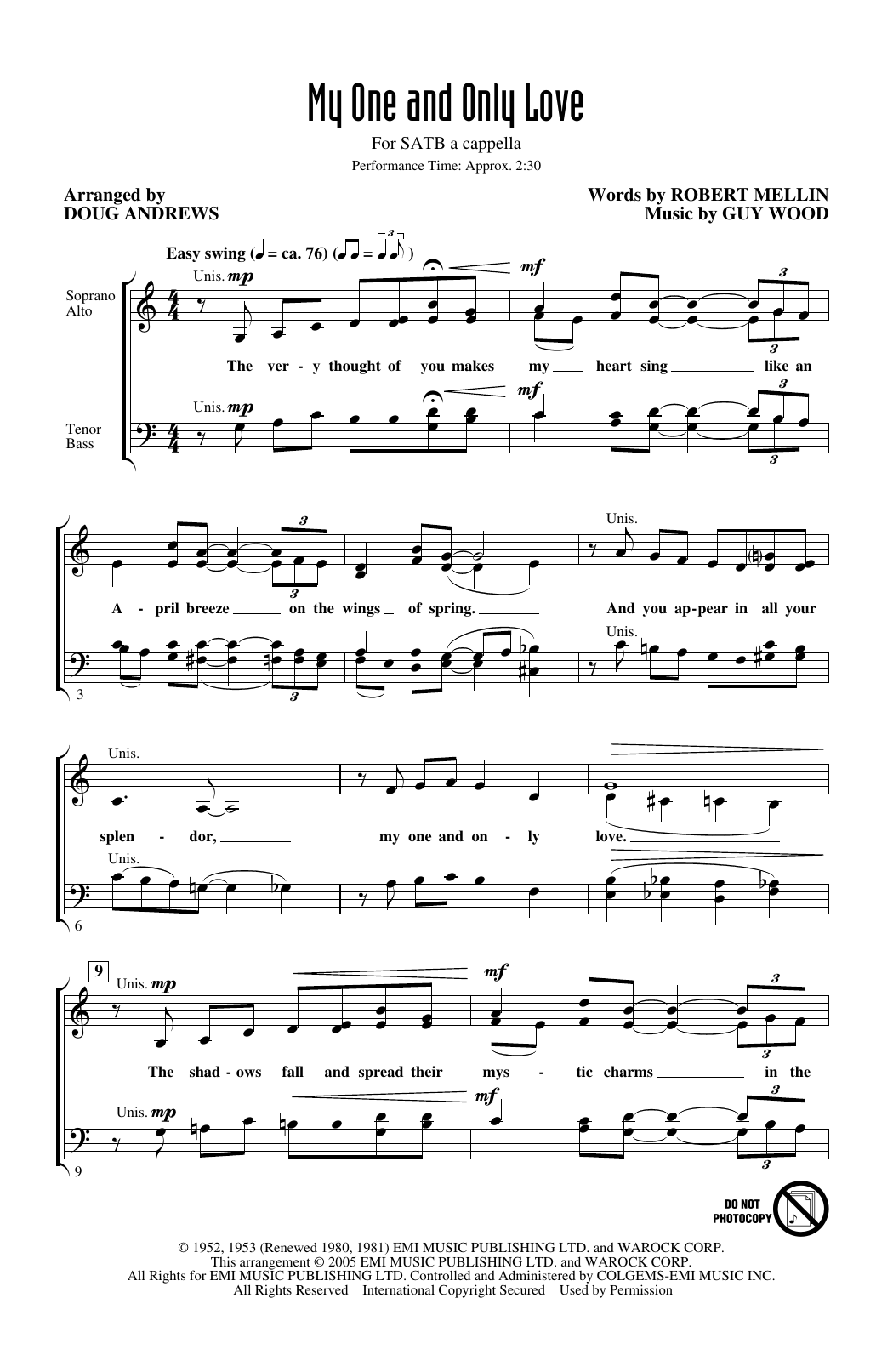 Guy Wood My One And Only Love (arr. Doug Andrews) Sheet Music Notes & Chords for SATB Choir - Download or Print PDF