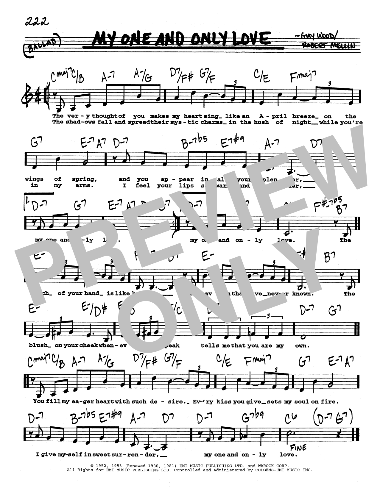 Guy Wood My One And Only Love (Low Voice) Sheet Music Notes & Chords for Real Book – Melody, Lyrics & Chords - Download or Print PDF