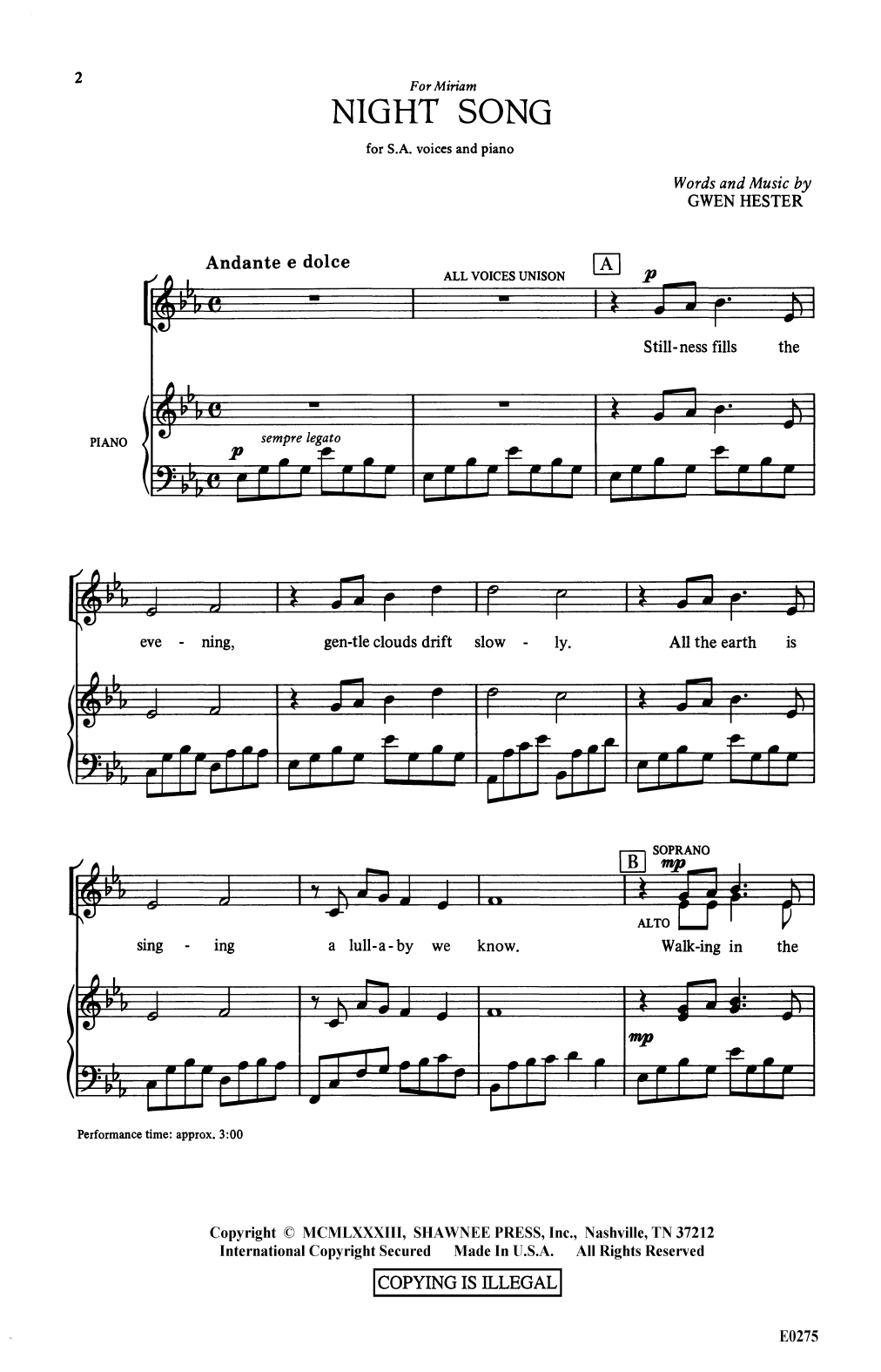 Gwen Hester Night Song Sheet Music Notes & Chords for 2-Part Choir - Download or Print PDF