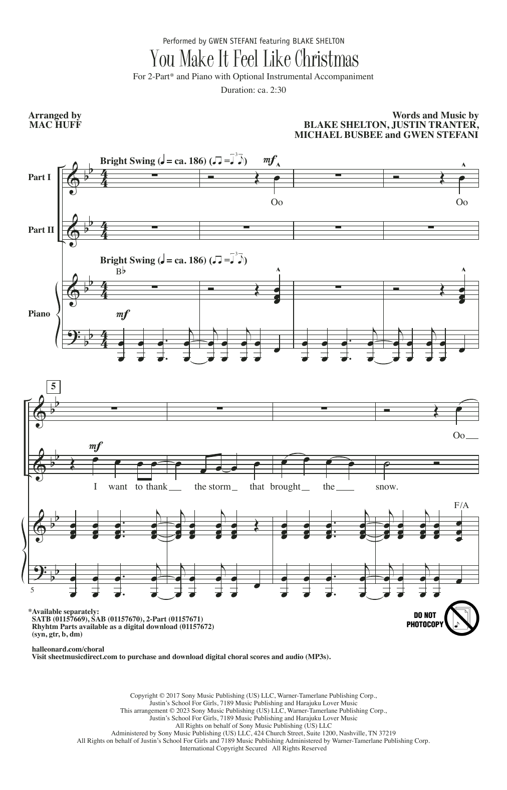 Gwen Stefani featuring Blake Shelton You Make It Feel Like Christmas (arr. Mac Huff) Sheet Music Notes & Chords for 2-Part Choir - Download or Print PDF