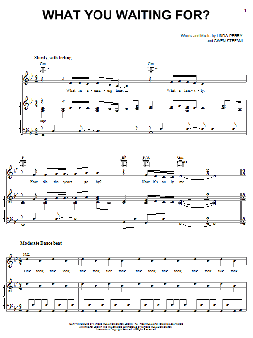 Gwen Stefani What You Waiting For? Sheet Music Notes & Chords for Piano, Vocal & Guitar (Right-Hand Melody) - Download or Print PDF