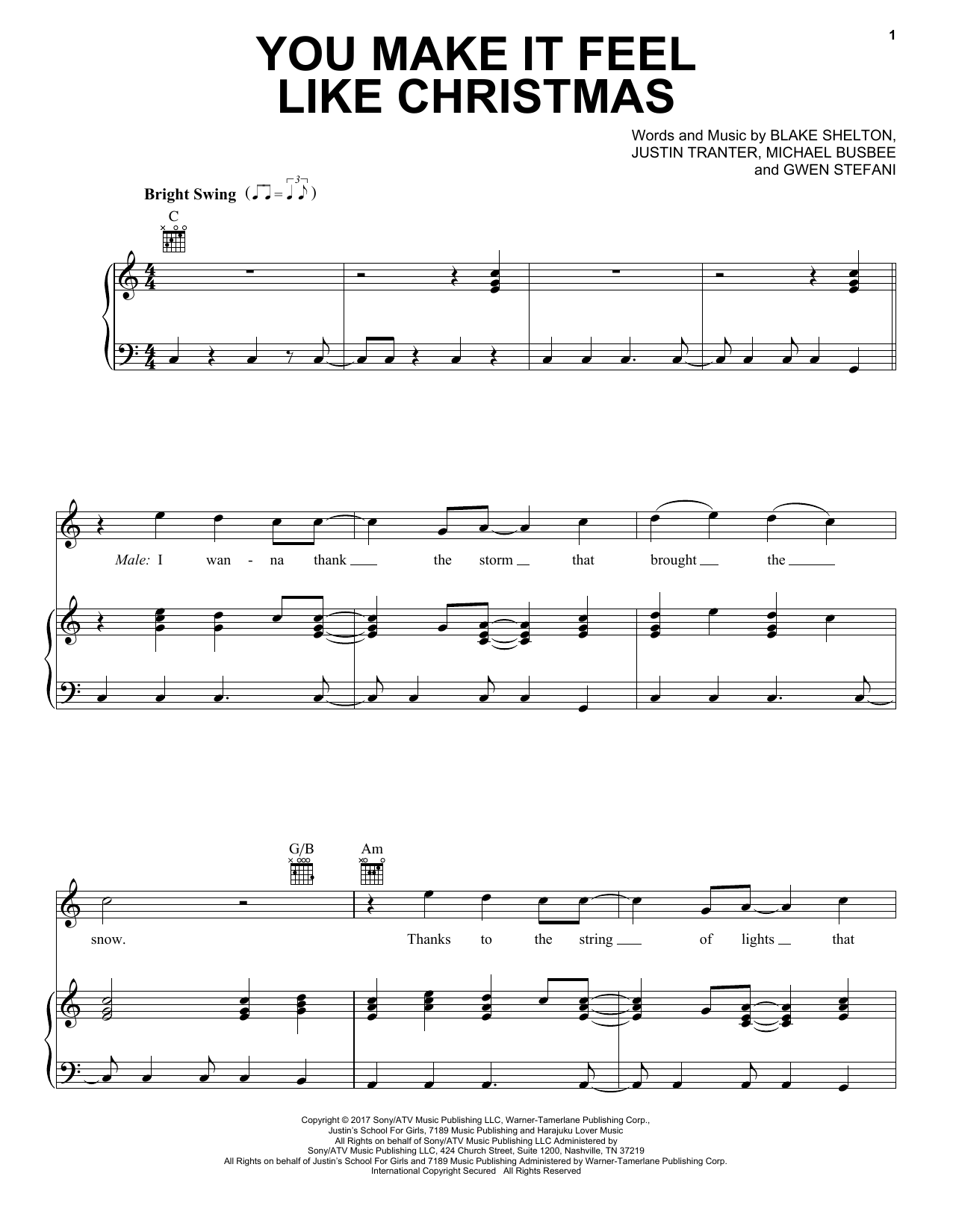 Gwen Stefani You Make It Feel Like Christmas (feat. Blake Shelton) Sheet Music Notes & Chords for Piano, Vocal & Guitar (Right-Hand Melody) - Download or Print PDF