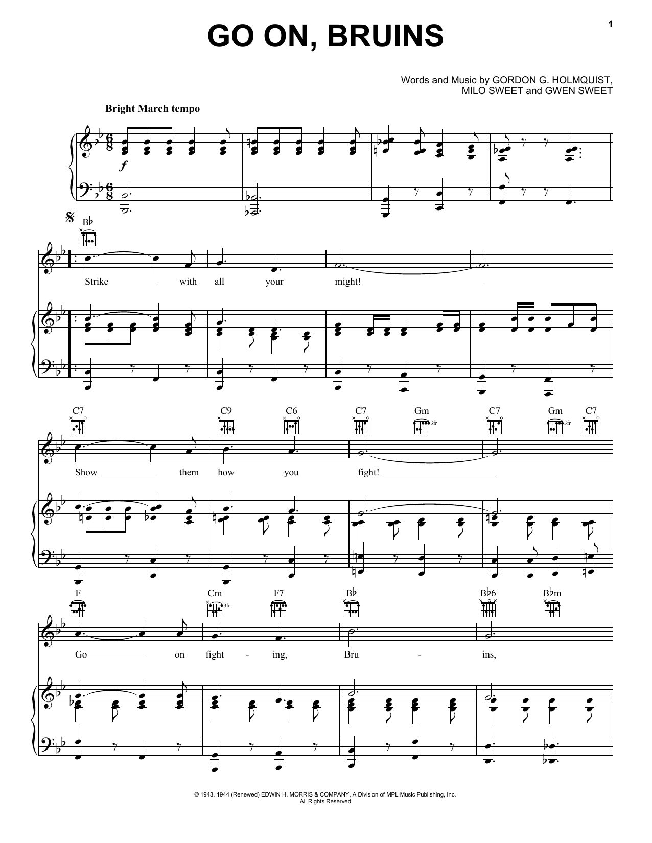 Gwen Sweet Go On, Bruins Sheet Music Notes & Chords for Piano, Vocal & Guitar (Right-Hand Melody) - Download or Print PDF