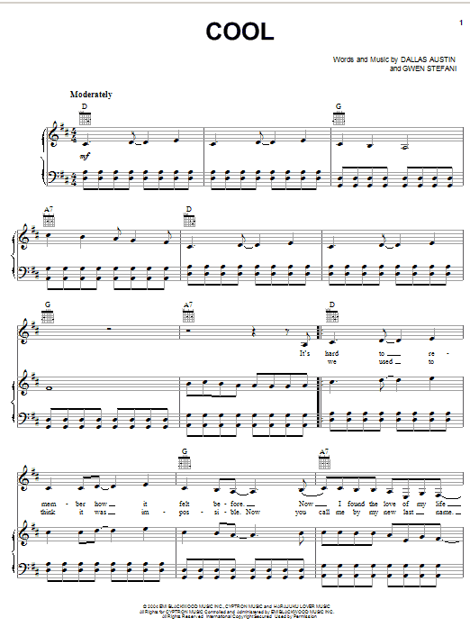 Preview Gwen Stefani Cool Pop sheet music, notes and chords for Piano, Vocal & Guitar (Right-Hand Melody), SKU: 32966 Cool sheet music
