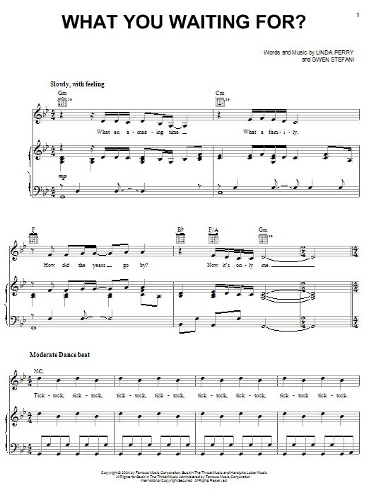 Preview Gwen Stefani What You Waiting For? Rock sheet music, notes and chords for Piano, Vocal & Guitar (Right-Hand Melody), SKU: 32953 What You Waiting For? sheet music